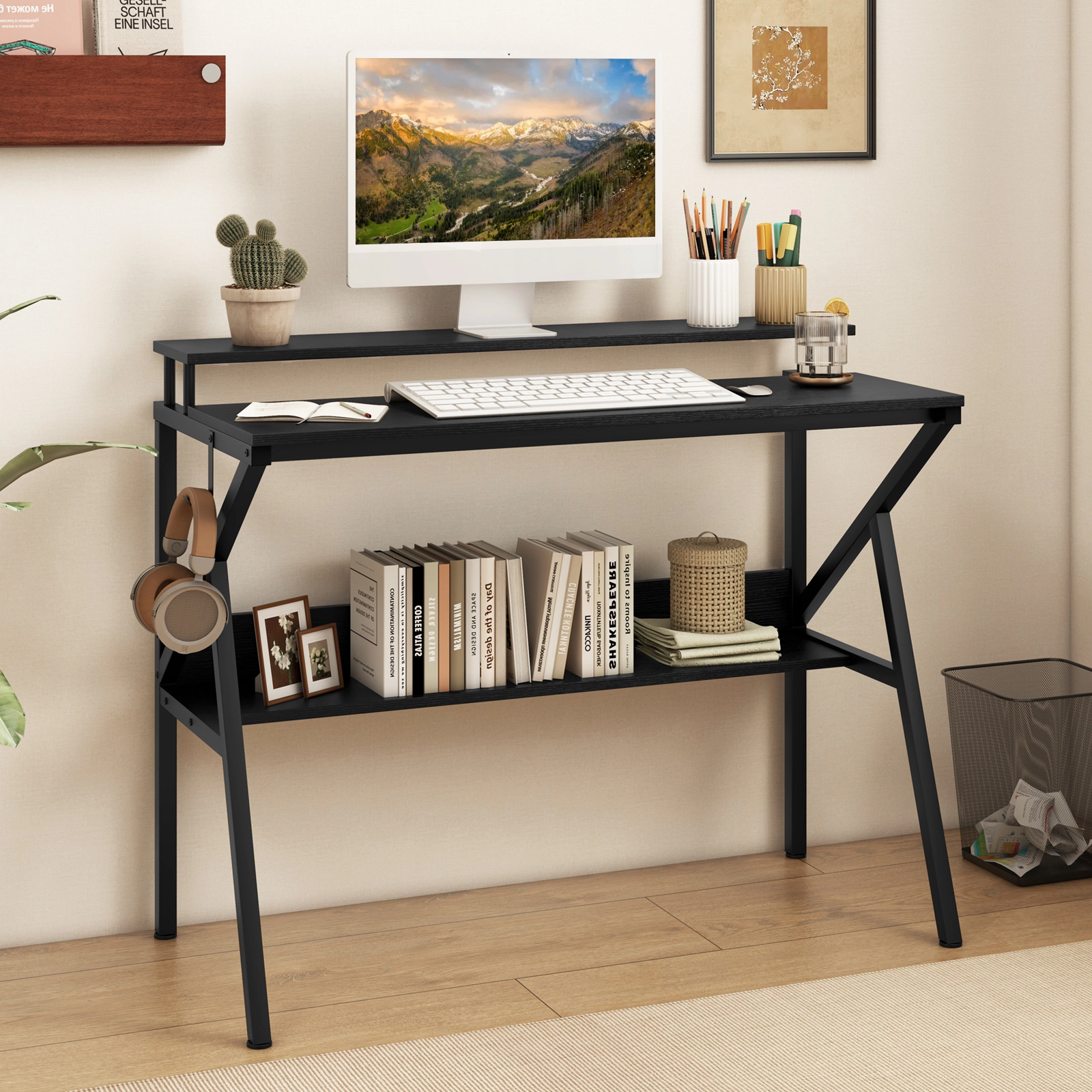 SUGIFT 39.5-In Black Computer Desk with Monitor Riser, Shelf and Hook