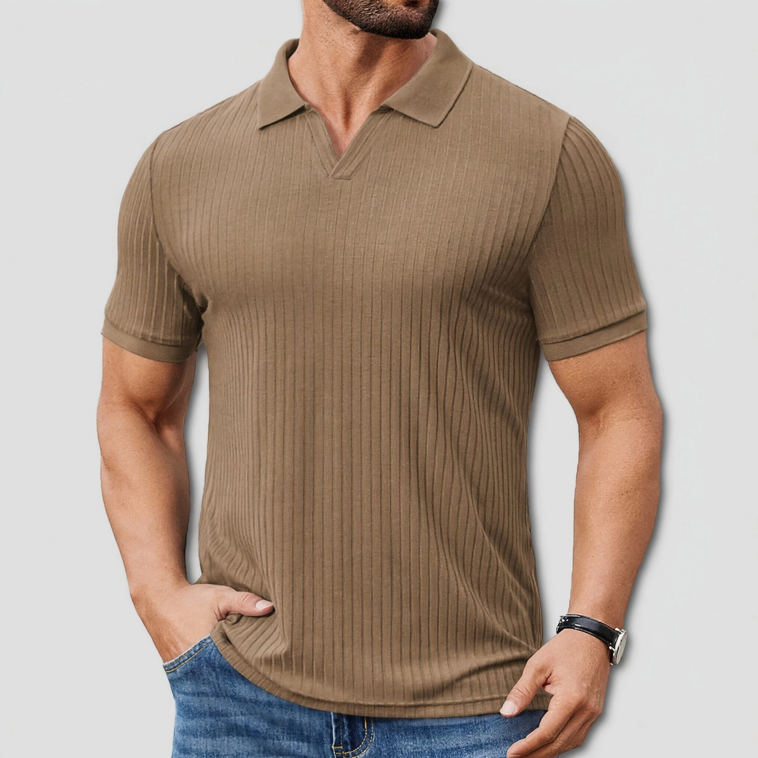 COOFANDY Mens Ribbed Polo Shirt V Neck Collared Short Sleeve Casual  Tops