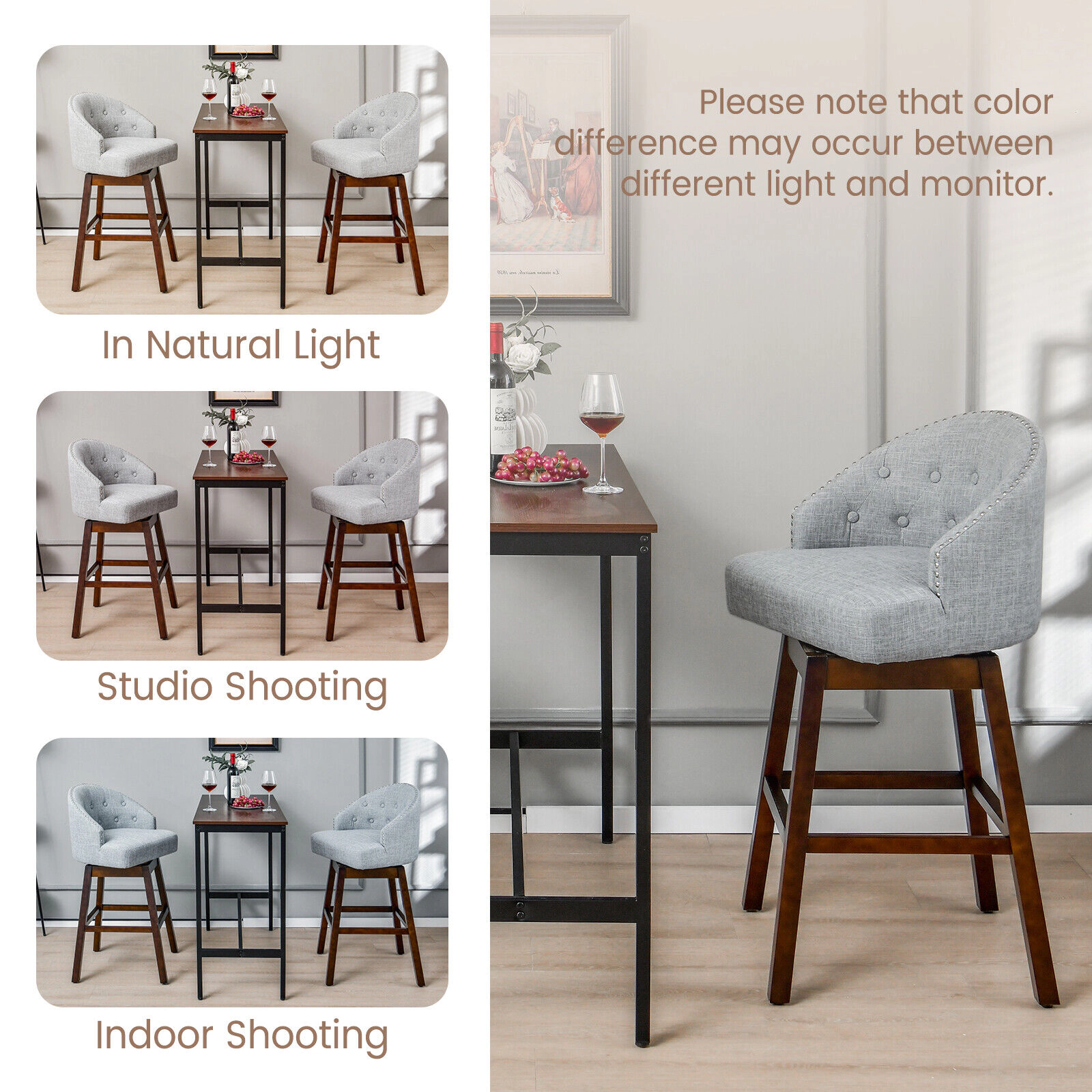 Glintex 2-Piece 31-Inch Swivel Bar Stool Set with Tufted Linen Back, Gray & Walnut