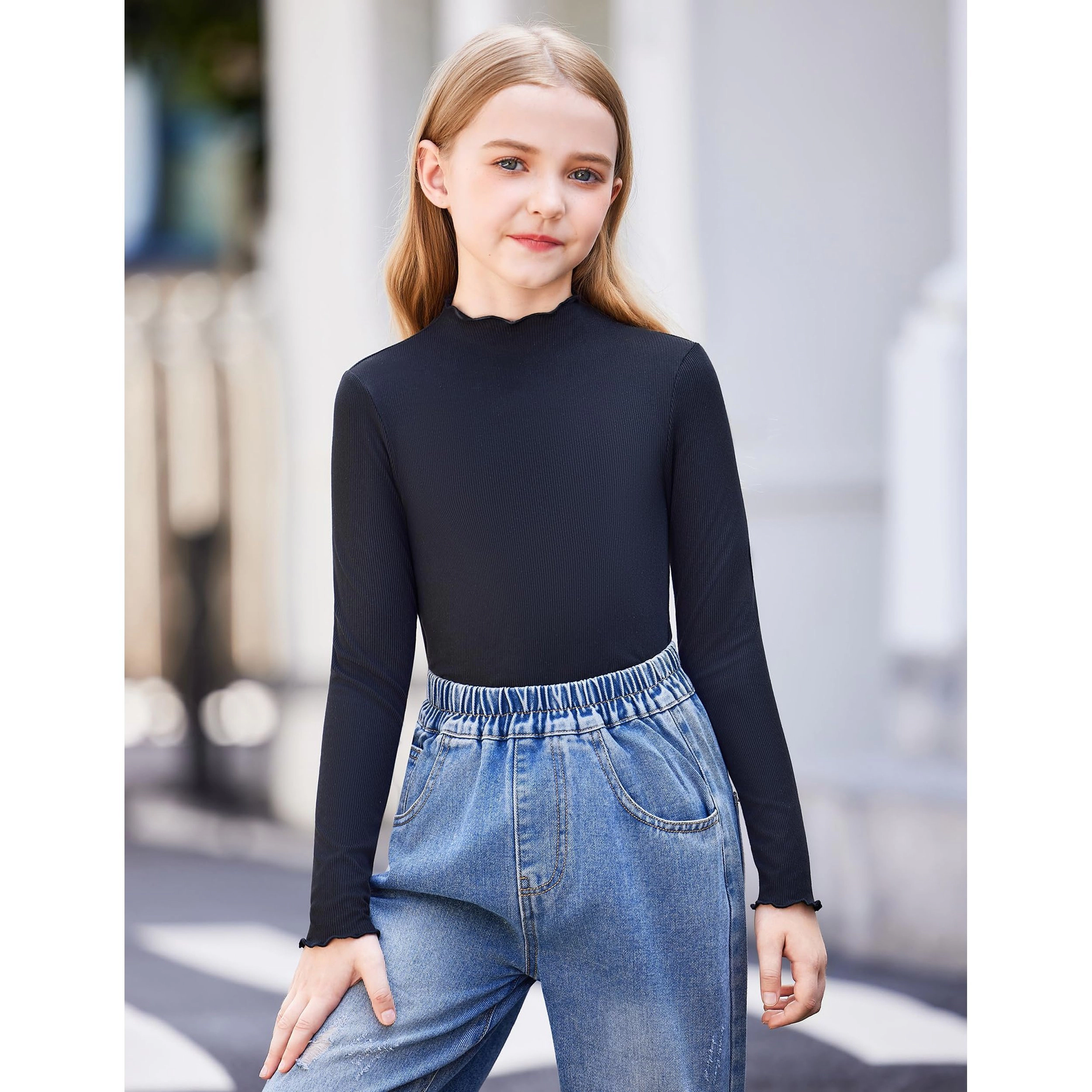 Arshiner Girls Lettuce Trim Mock Neck Long Sleeve Tops Ribbed Knit Slim Fit Base Layer T-Shirt