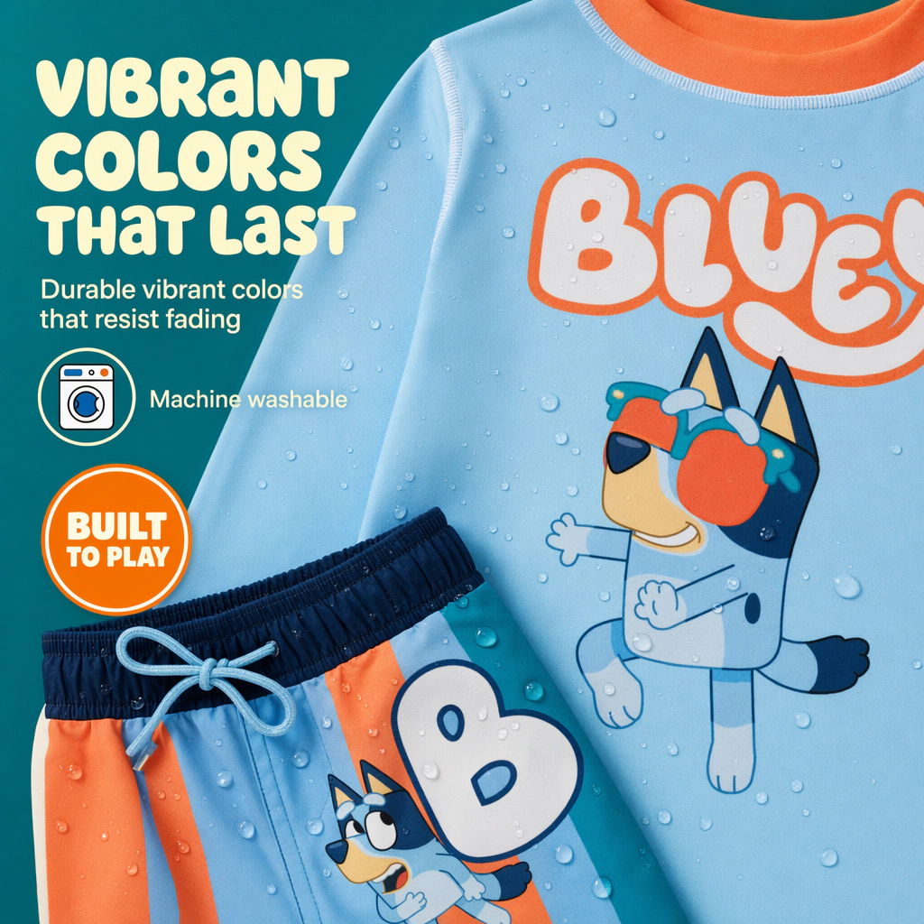 Bluey Boys' UPF 50+ 2-Piece Rash Guard and Swim Trunks Set