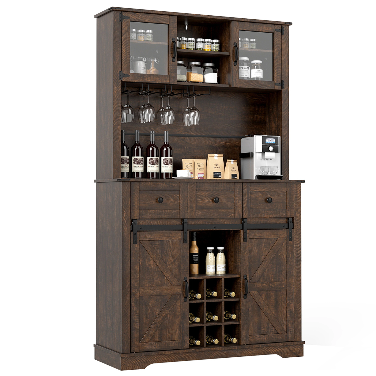 LJG 72 Inch Coffee Bar Cabinet with Drawers and Sliding Barn Doors