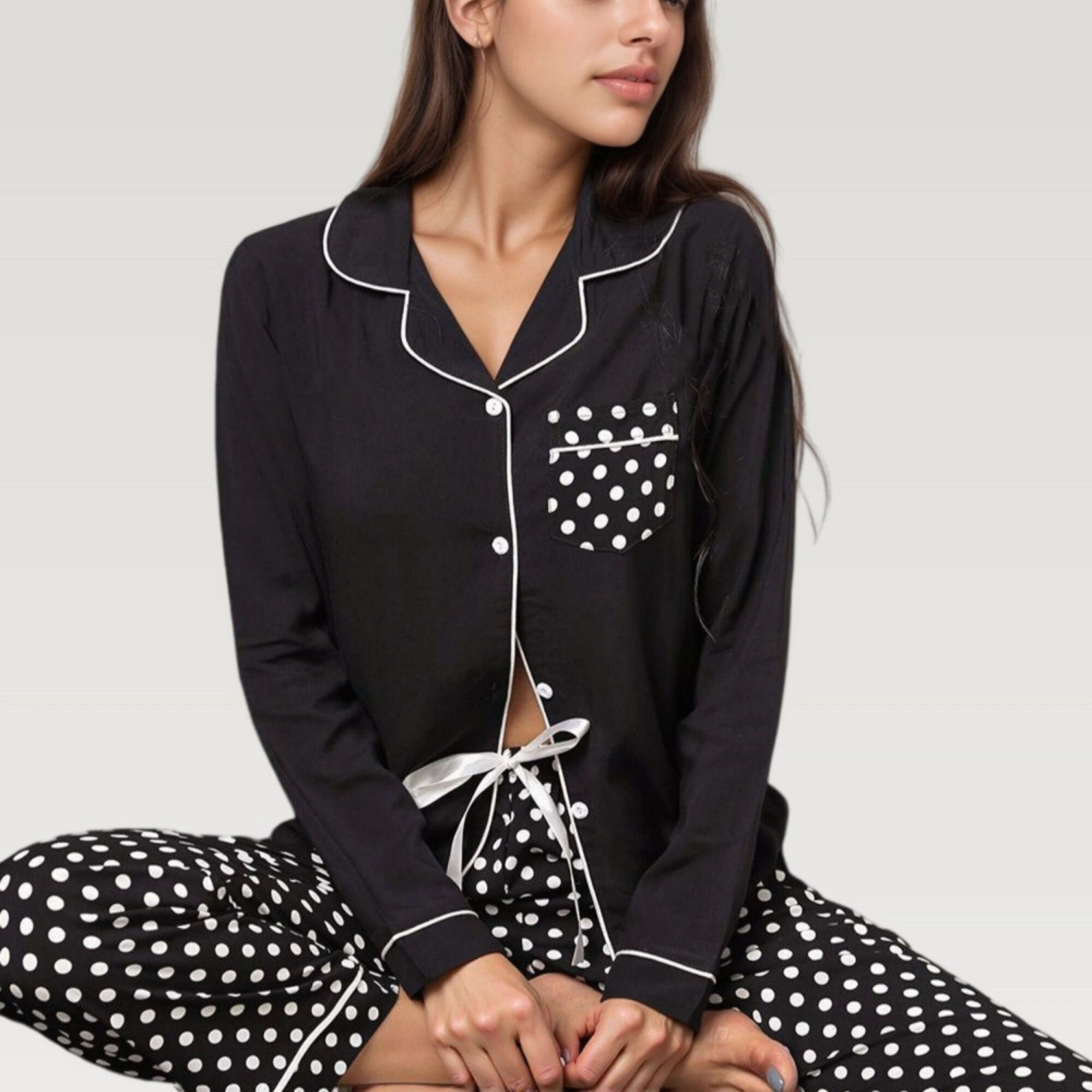 Anna-Kaci Women's Polka Dot Pajama Set with Long Sleeve Button Top and Elastic Waist Pants