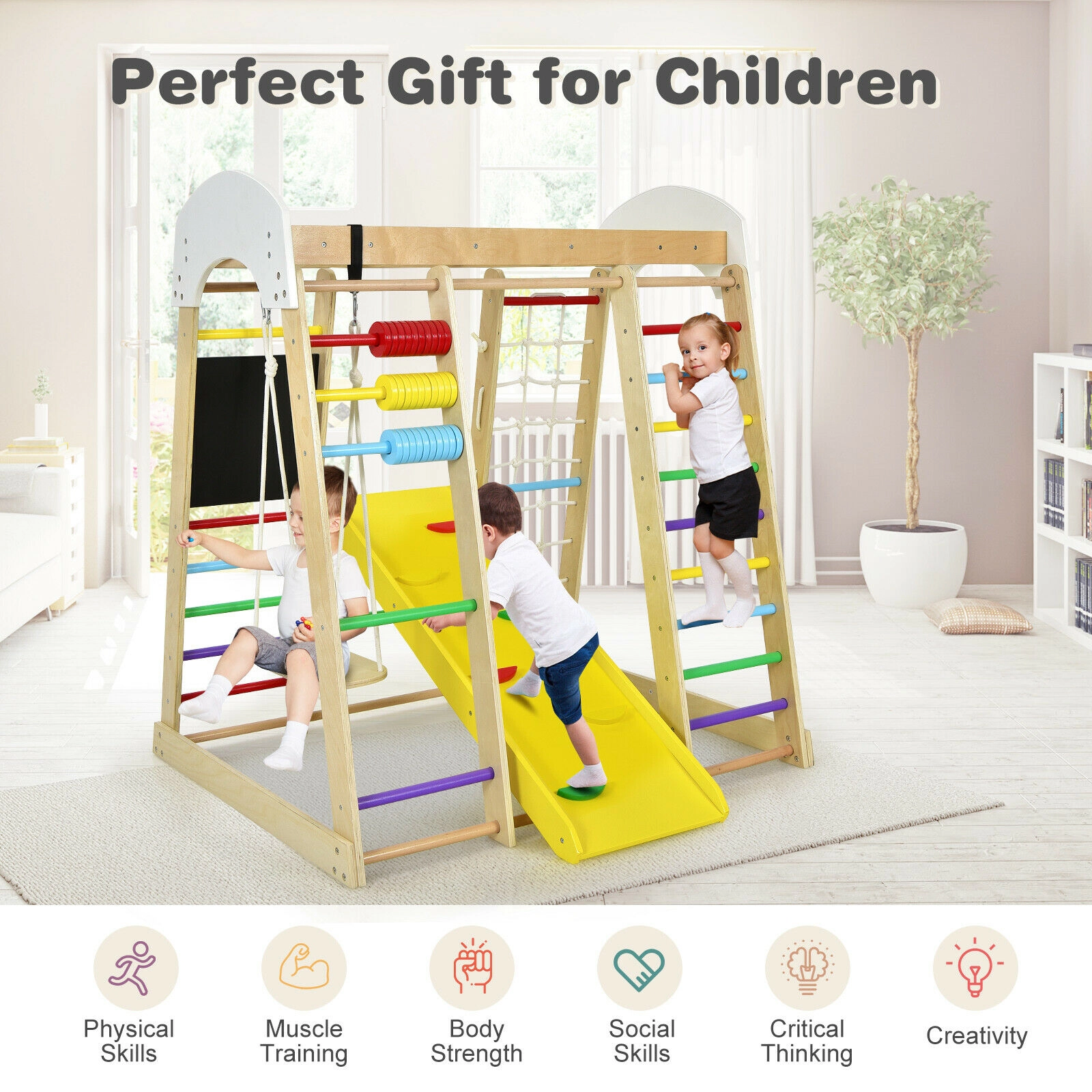 LJG Indoor Playground Climbing Gym Wooden 8-in-1 Climber Playset for Children