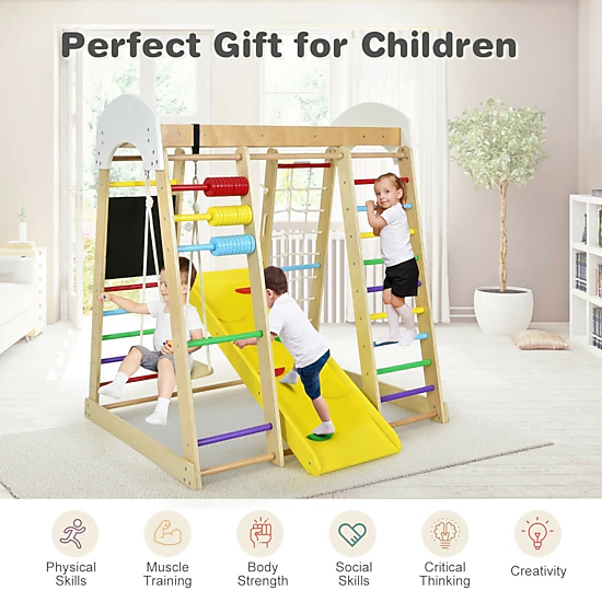 LJG Indoor Playground Climbing Gym Wooden 8-in-1 Climber Playset for Children