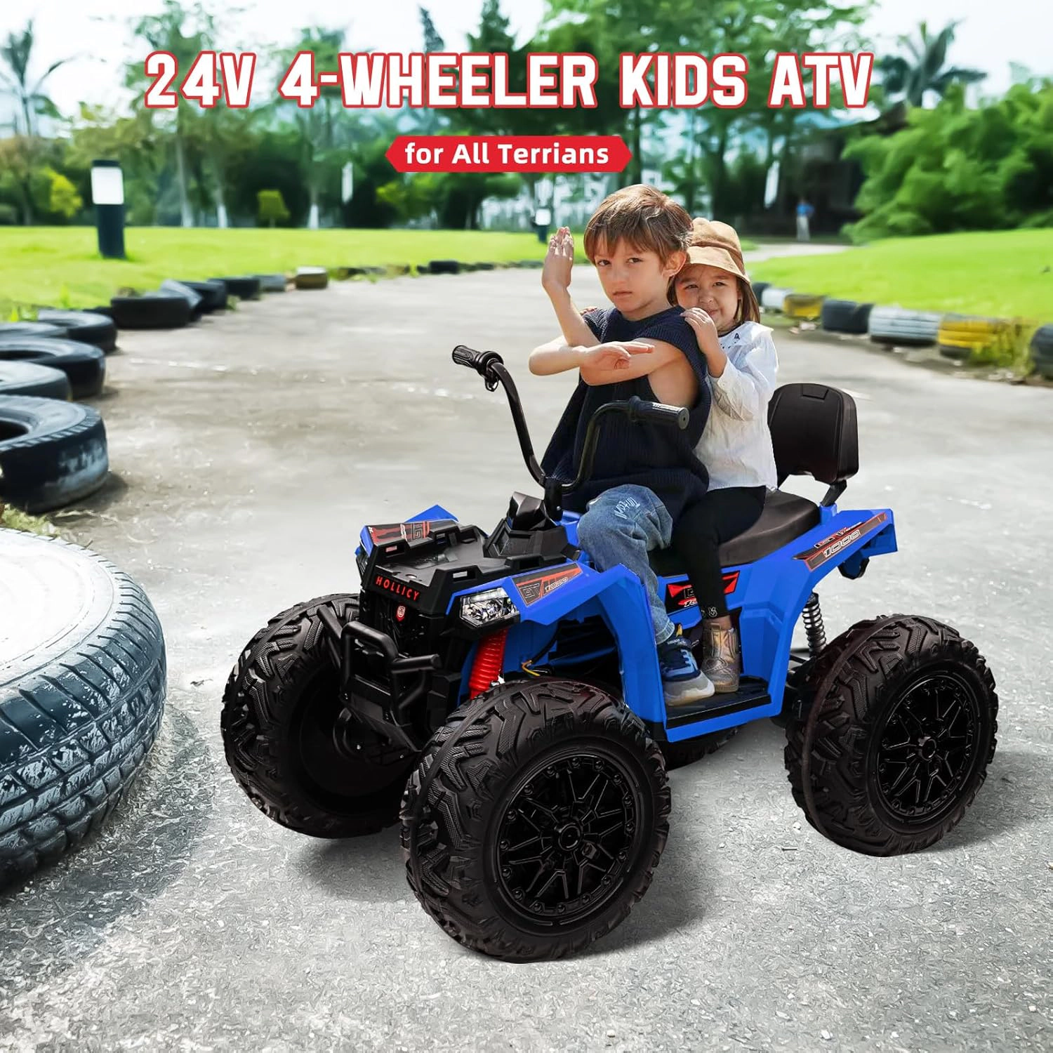 24V 2-Seater Kids ATV Quad, 4WD Ride On Car w/4×100W Motors, Dual 7Ah Batteries, Accelerator Handle, Lights & Music