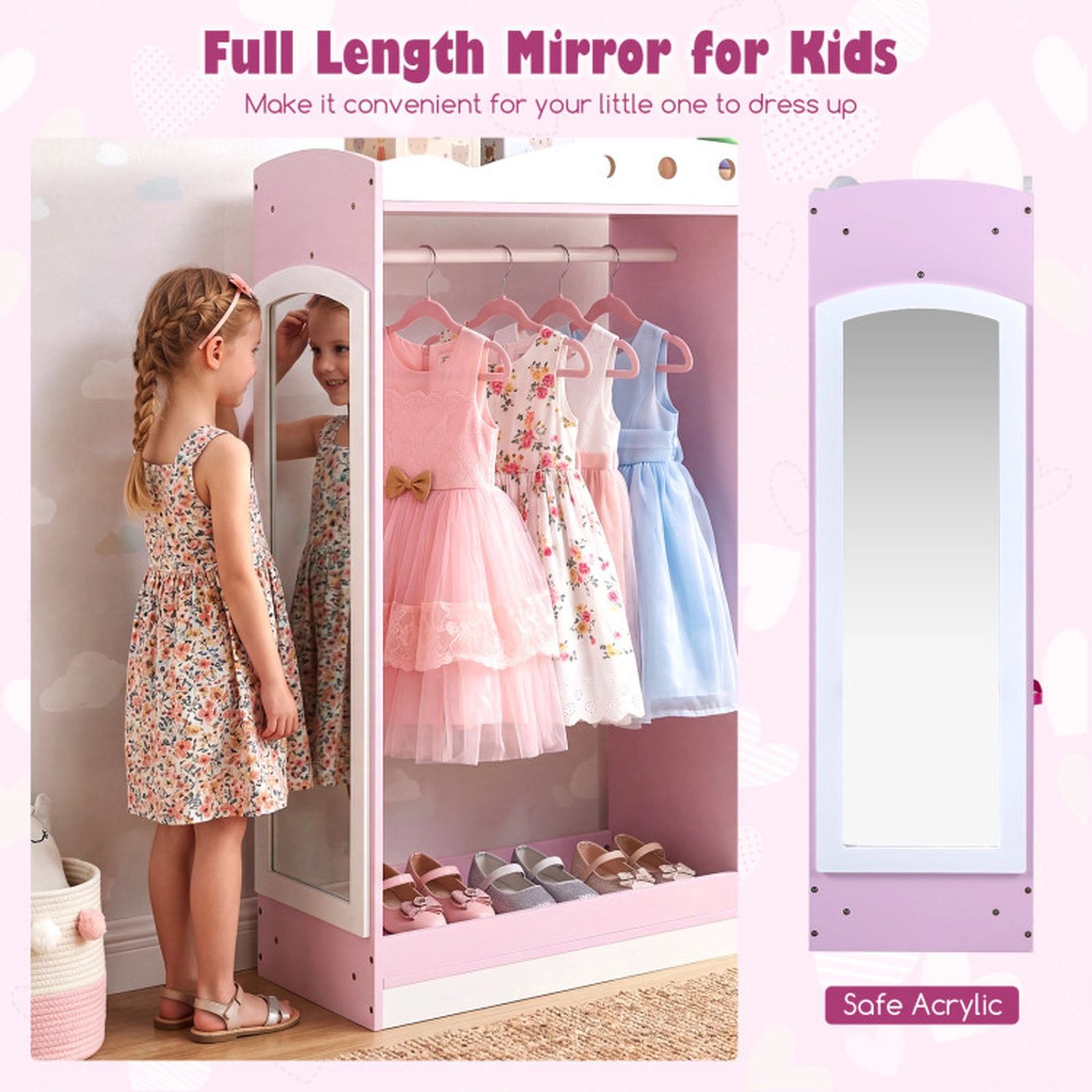 SUGIFT 44-in Pink Kids Dress Up Storage and Clothing Rack with Full Length Acrylic Mirror and 2 Fabric Drawers