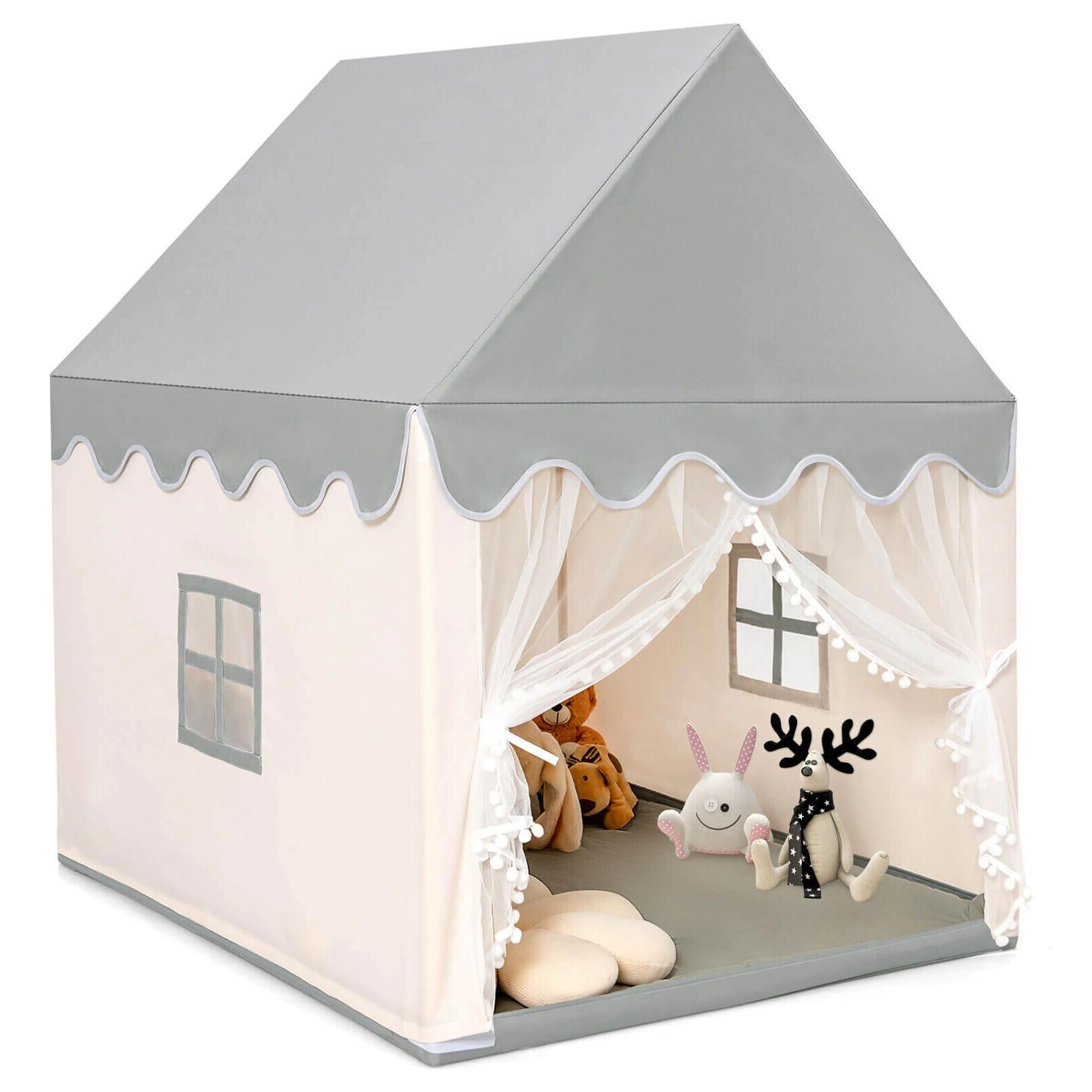 SUGIFT Large Play Castle Fairy Tent with Mat Solid Wood Frame 55-in Tall Indoor Outdoor Play Tent Beige