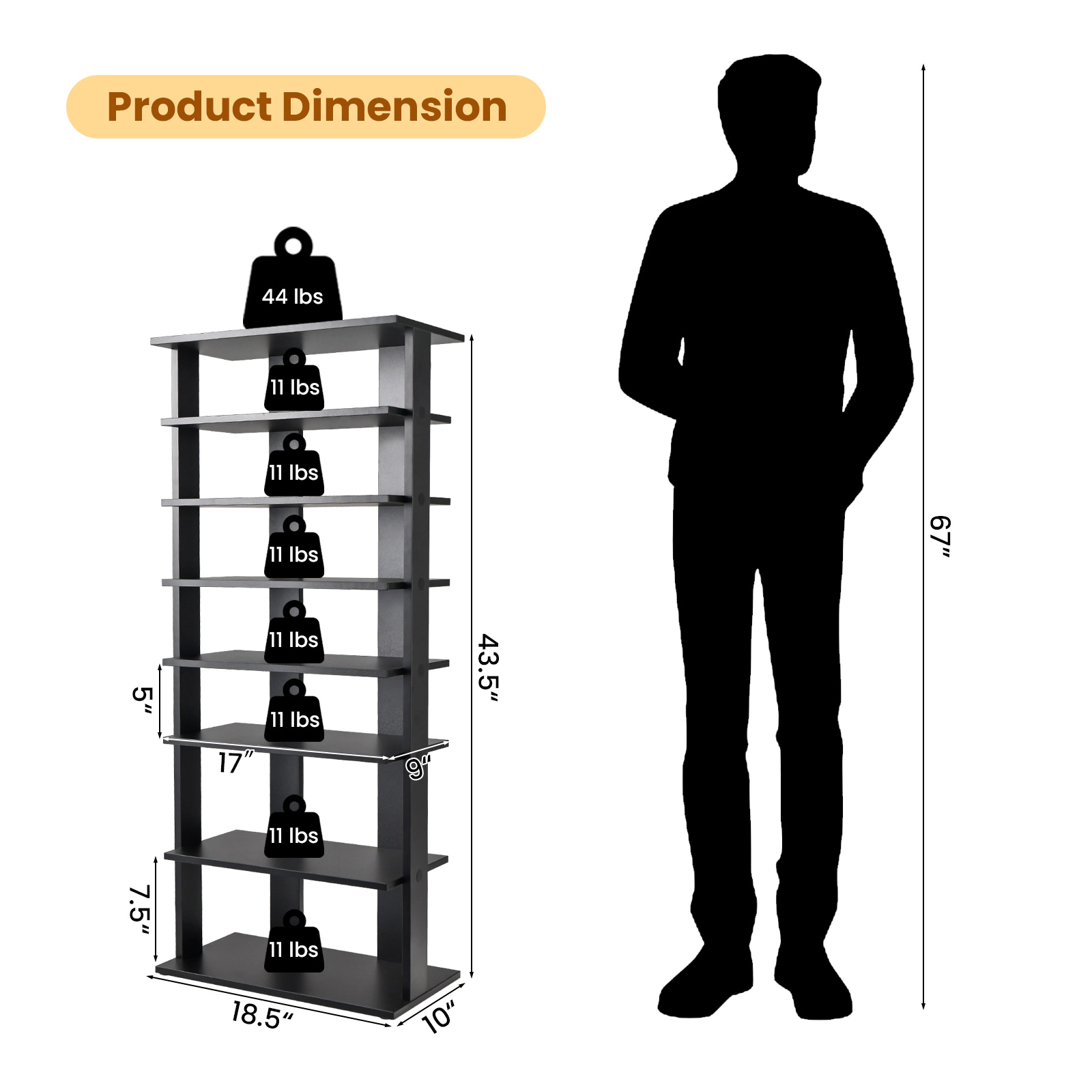 SUGIFT 7-Tier Black Double Row Free Standing Tall Narrow Shoe Rack Organizer for Closet and Entryway