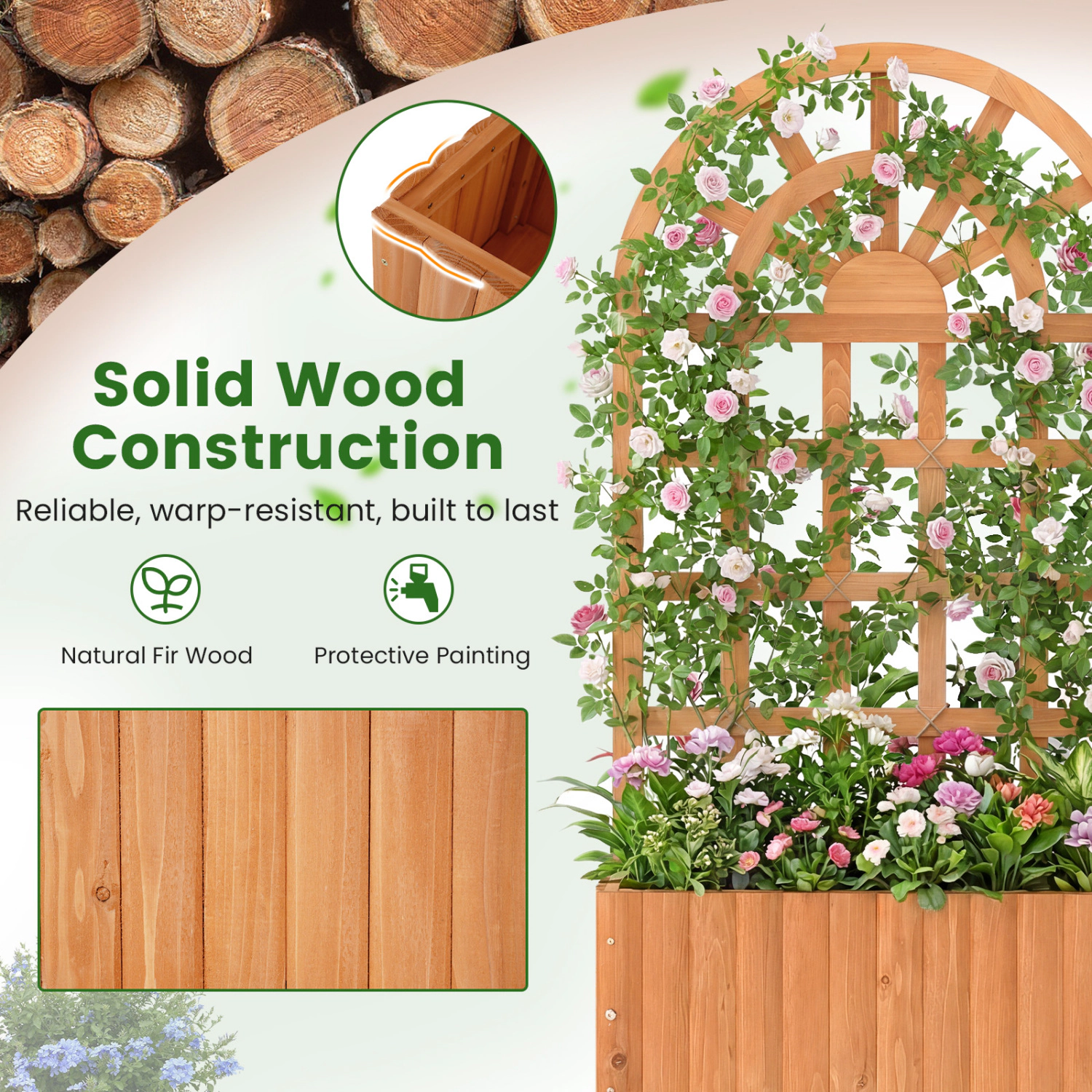 Hivvago Raised Wooden Planter Box with Trellis