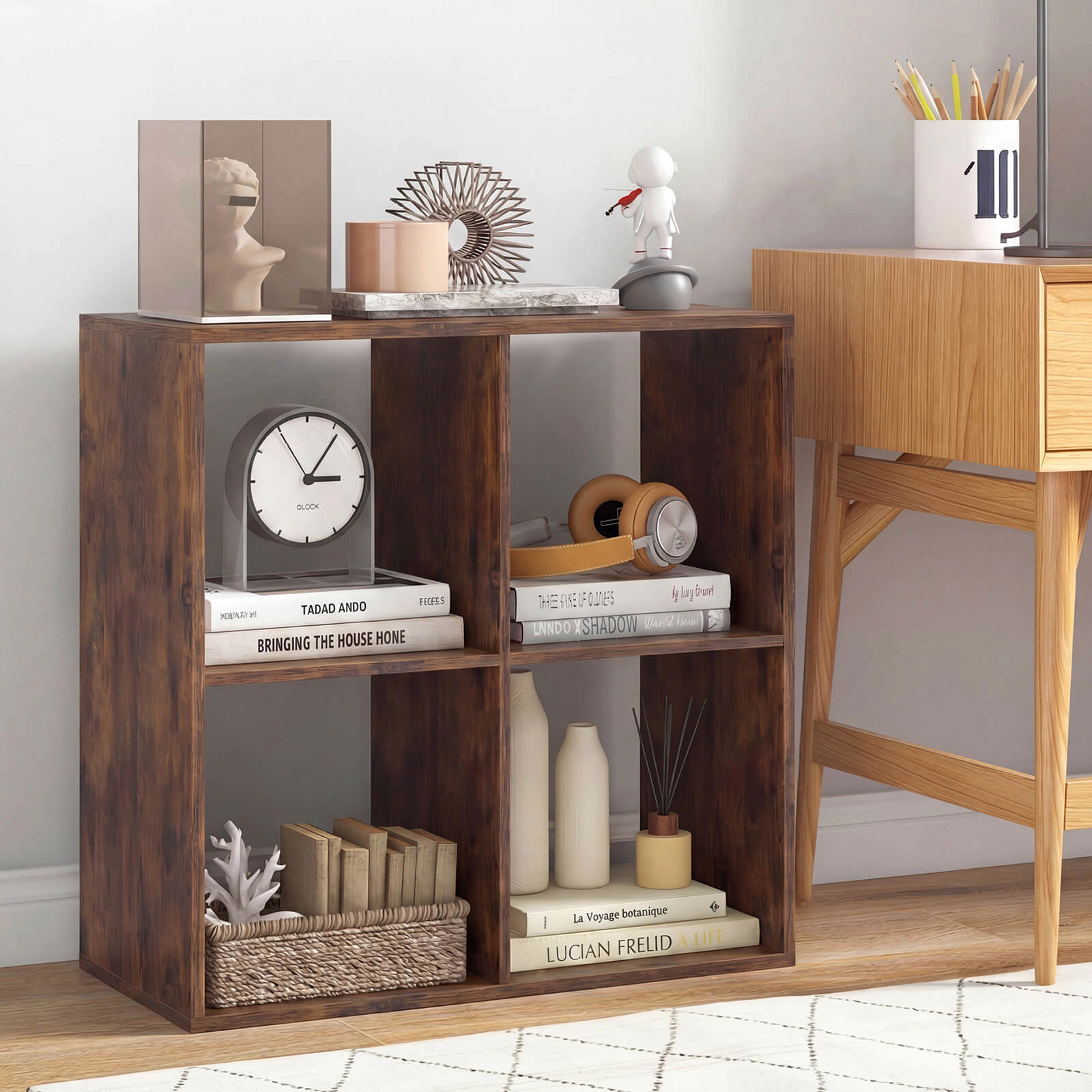 Costway 4-Cube Bookshelf, Modern Cubby Bookcase with Back Guardrail & Anti-tipping Kits Natural