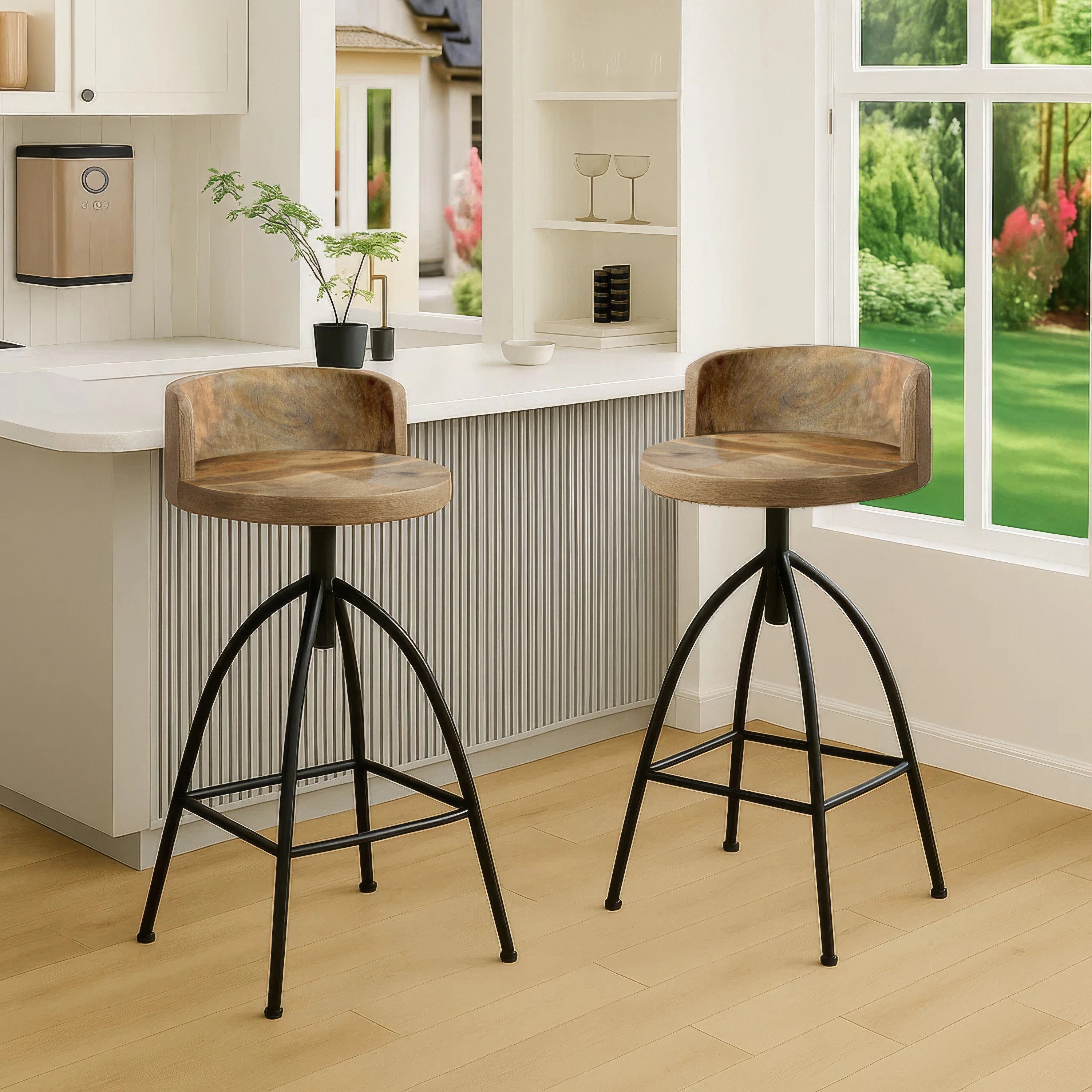 The Urban Port Pia 32-35 Extra Tall Adjustable Barstool, Natural Brown Mango Wood Seat, Black Iron Frame