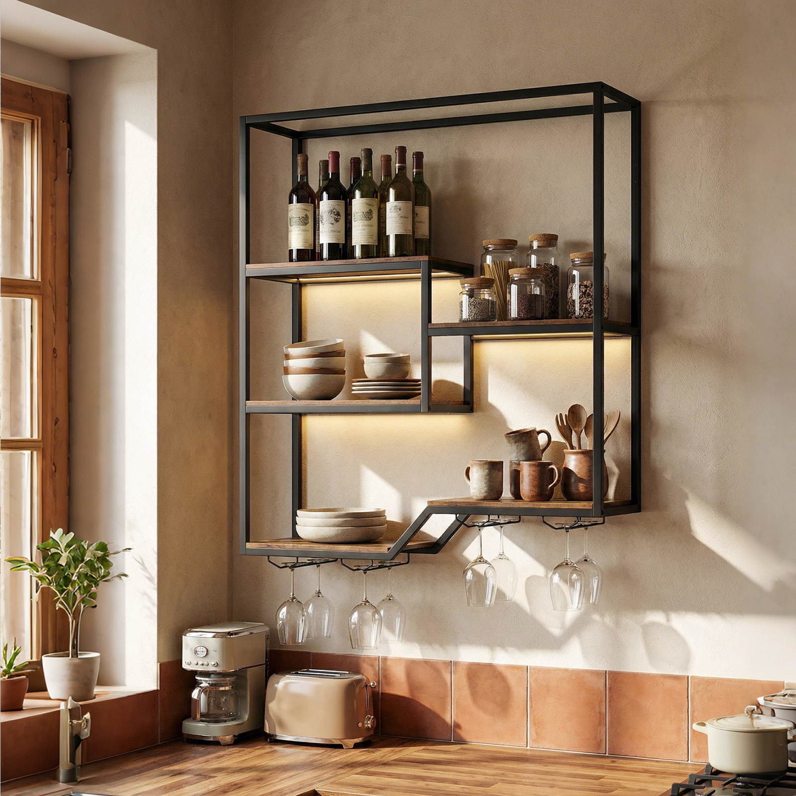 SUGIFT 6-Tier Wall Mounted Wine Rack Hanging Bar Shelf Bottle Display Shelf & Glass Holder 185-lb Total Capacity Rustic
