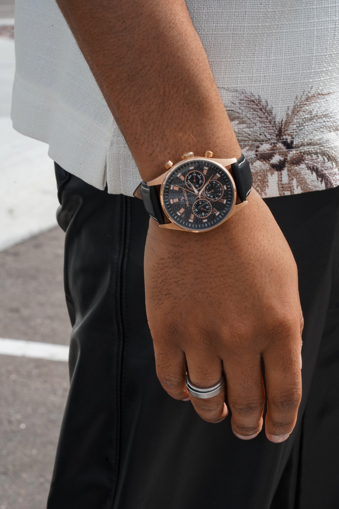 Peugeot Men Rose-Gold Plated Multi-Function Leather Strap Watch