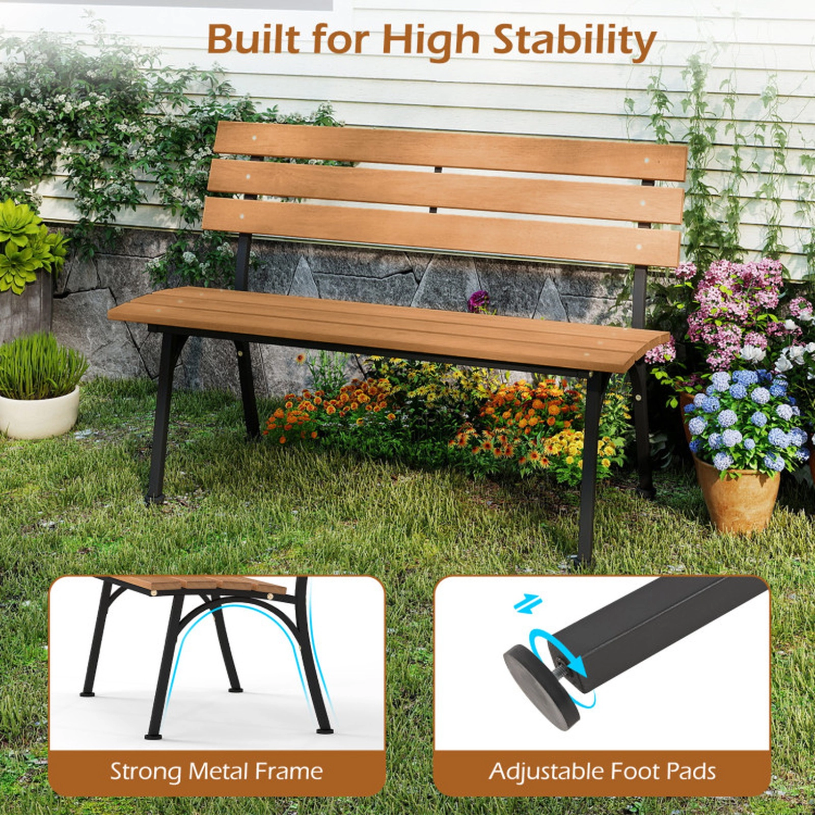 SUGIFT 47-Inch Outdoor Garden Bench, Acacia Wood Seat, Black Metal Frame, 800-Lb Capacity