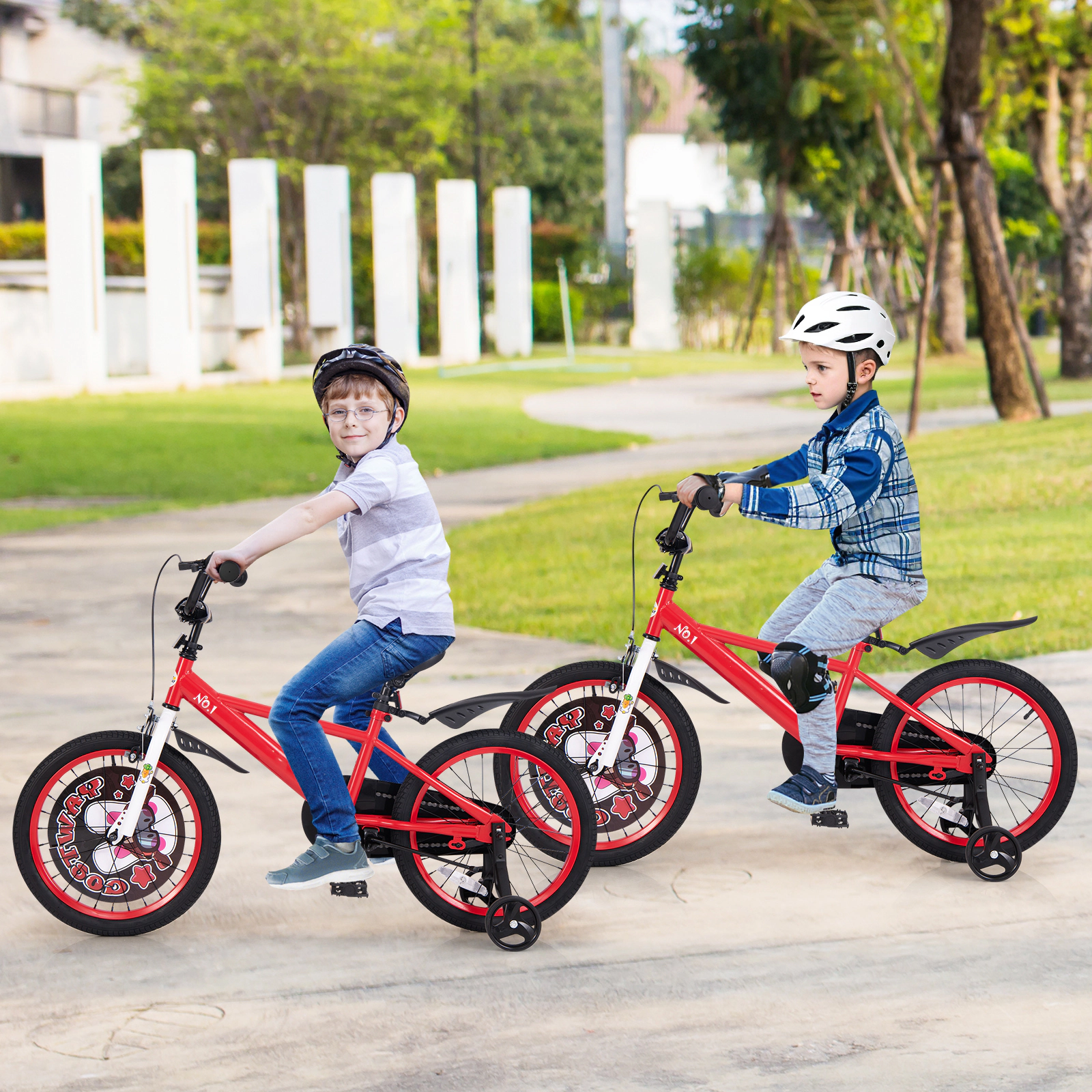 SUGIFT Adjustable 18-In Kids Bike with Training Wheels Double Brake 132-lb Capacity Ages 4-8 Red with Storage Basket