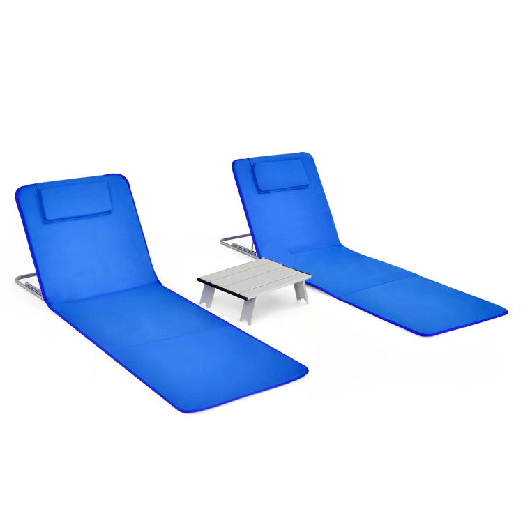 SUGIFT 3 Piece Beach Lounge Chair Set Blue 2 Adjustable Chairs with Folding Table