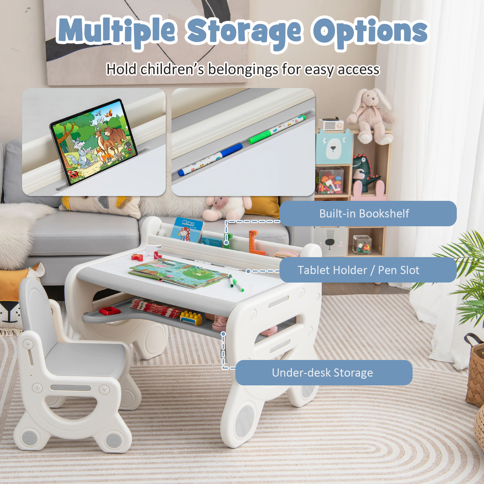 SUGIFT Kids Drawing Table and Chair Set, Erasable Top, Pens, Gray