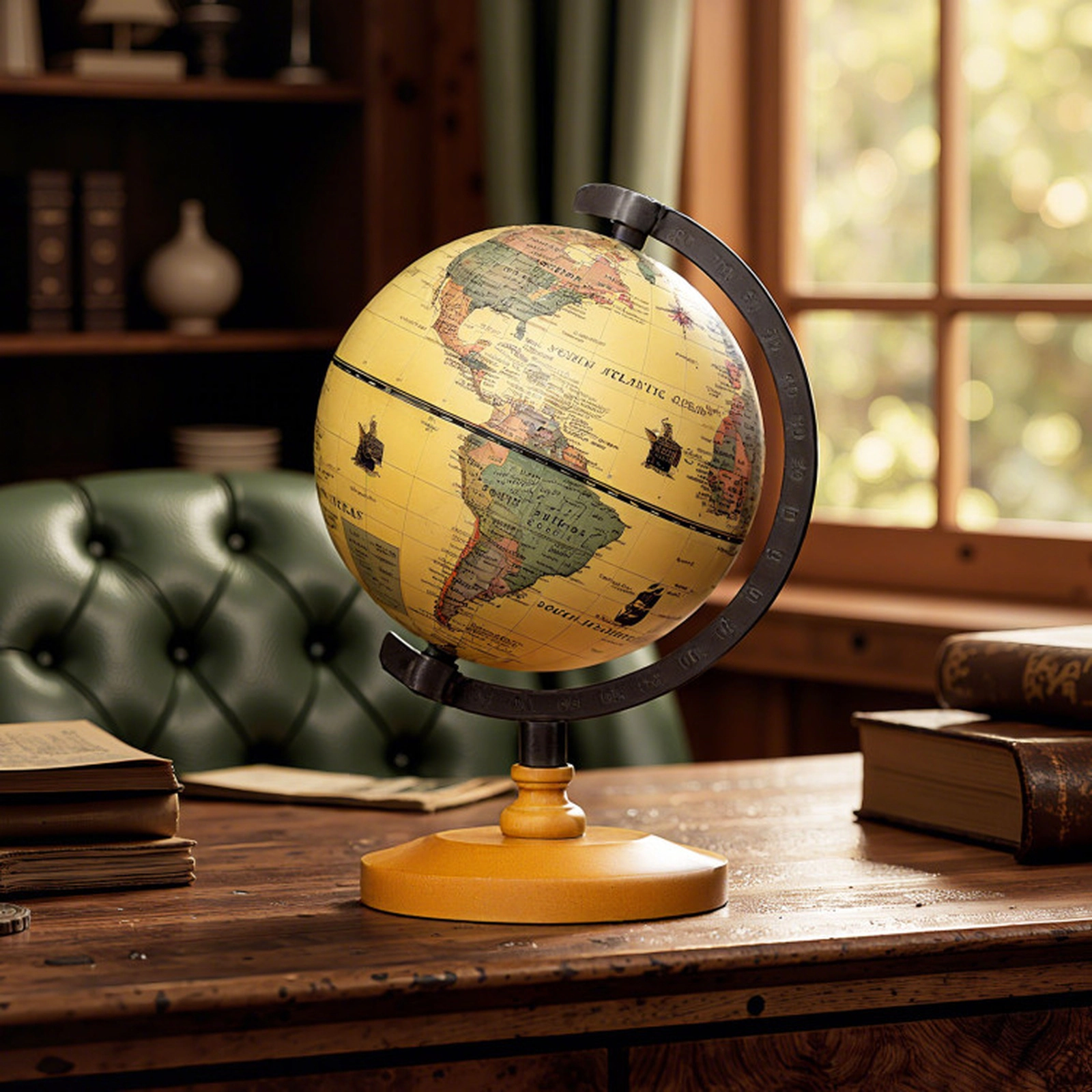 SUGIFT Antique Mini Rotating World Globe Interactive Desktop Toy 5.5-in Diameter Bronze with Wooden Base