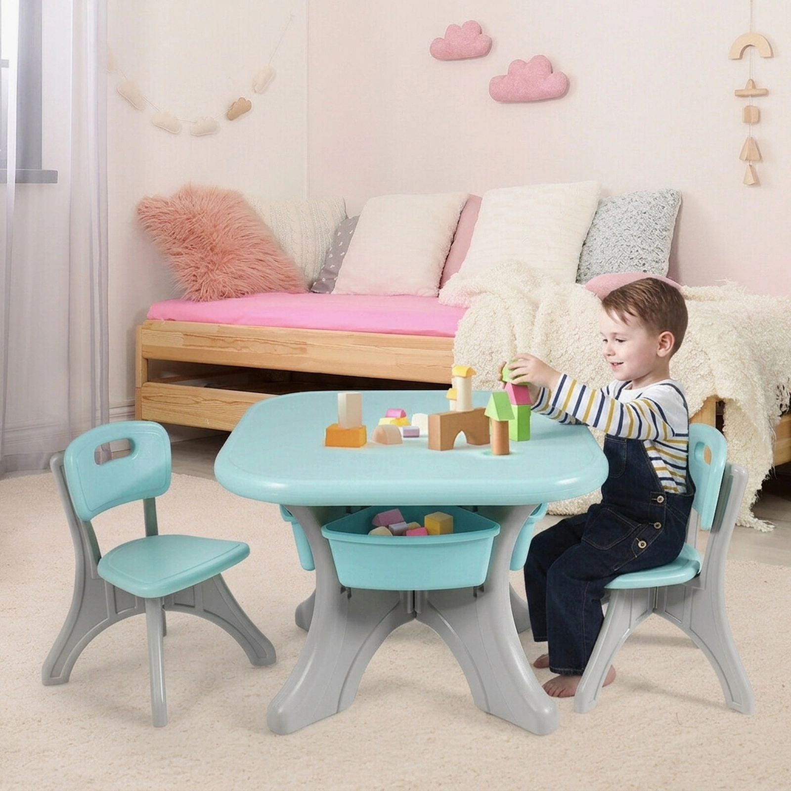 SUGIFT Blue Kids Activity Table and 2 Chairs, 4 Storage Drawers, 27-Inch Square Top