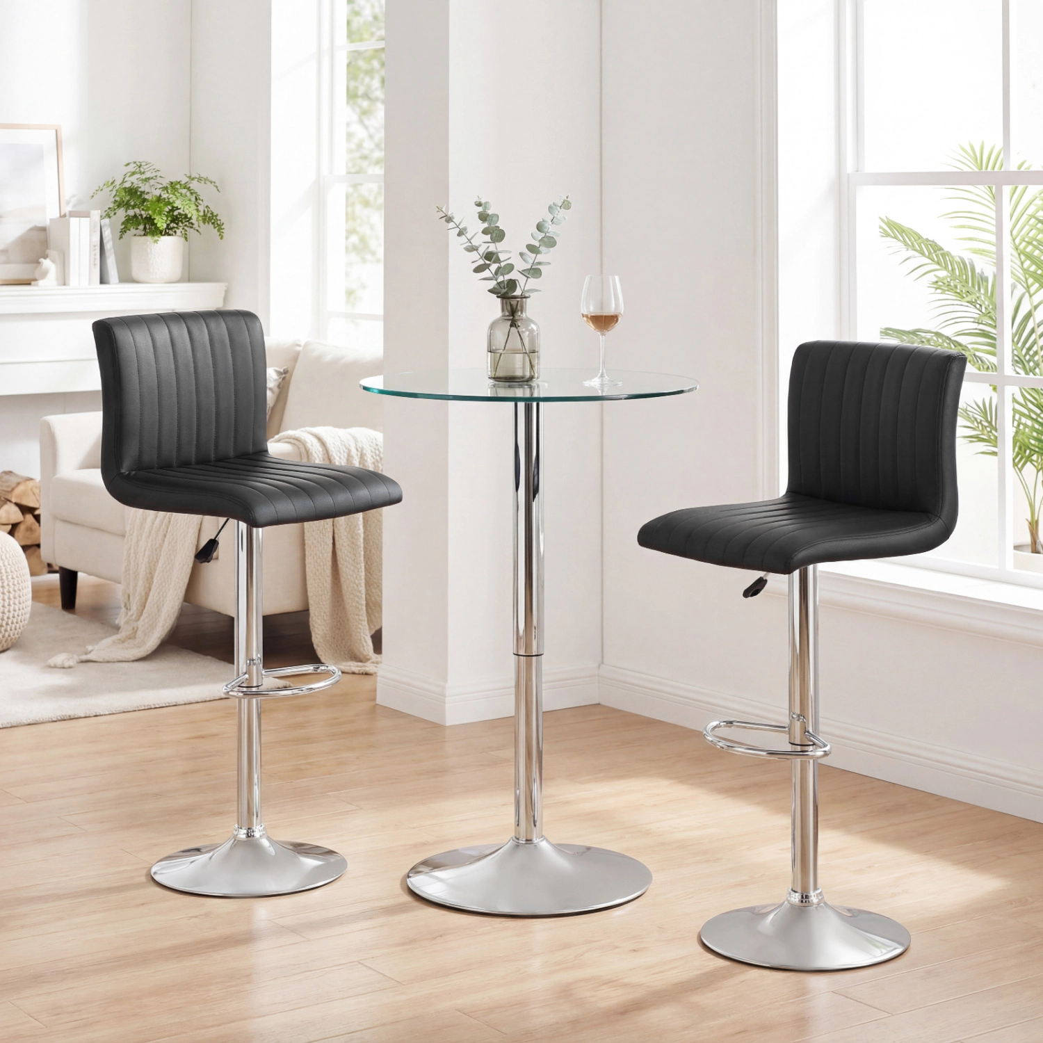 Glintex 2-Piece Adjustable Swivel Bar Stool Set with Vertical Striped Back, Black