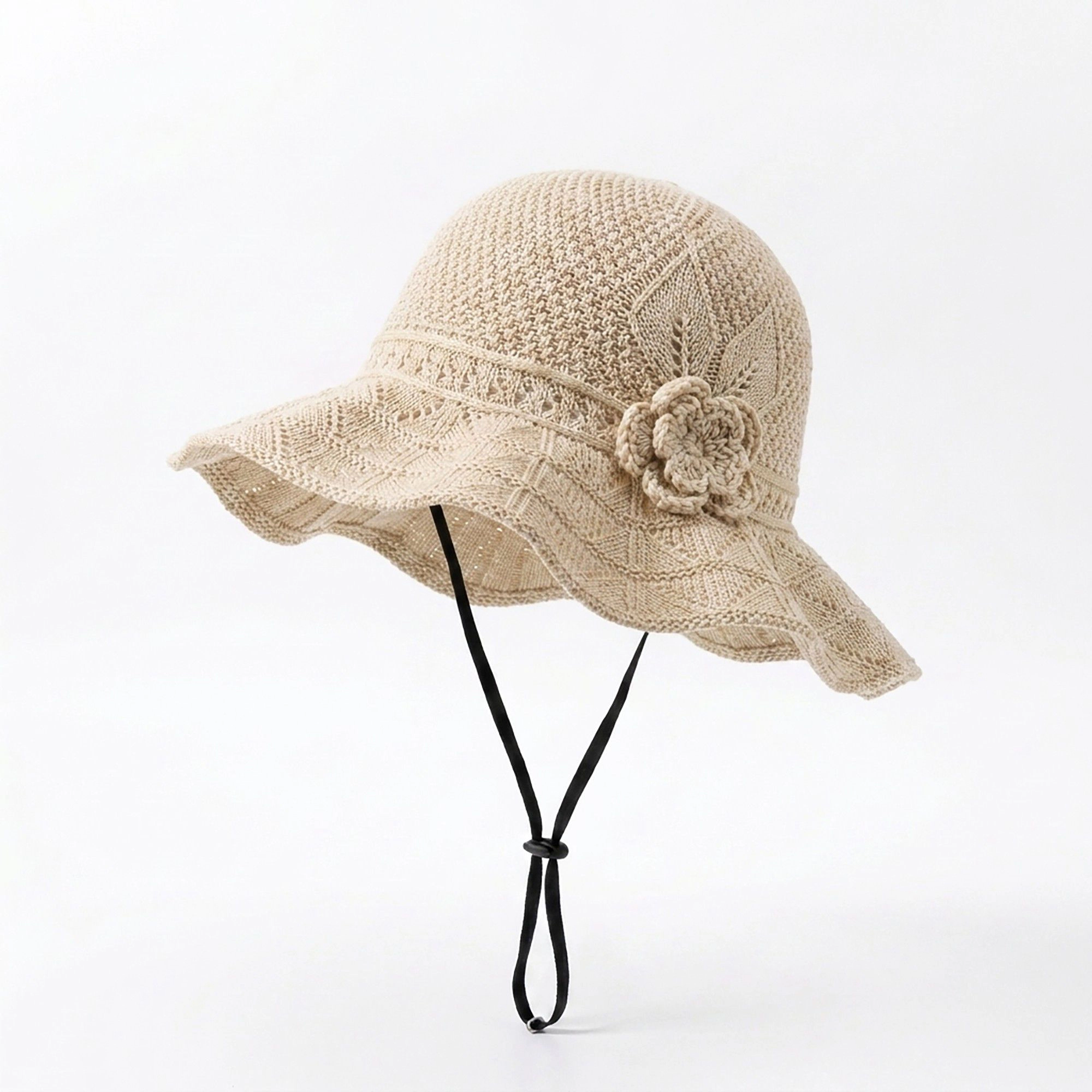 Anna-Kaci Women's Crochet Wide Brim Sun Hat with Floral Accent Scalloped Edge and Chin Strap - MauvePink