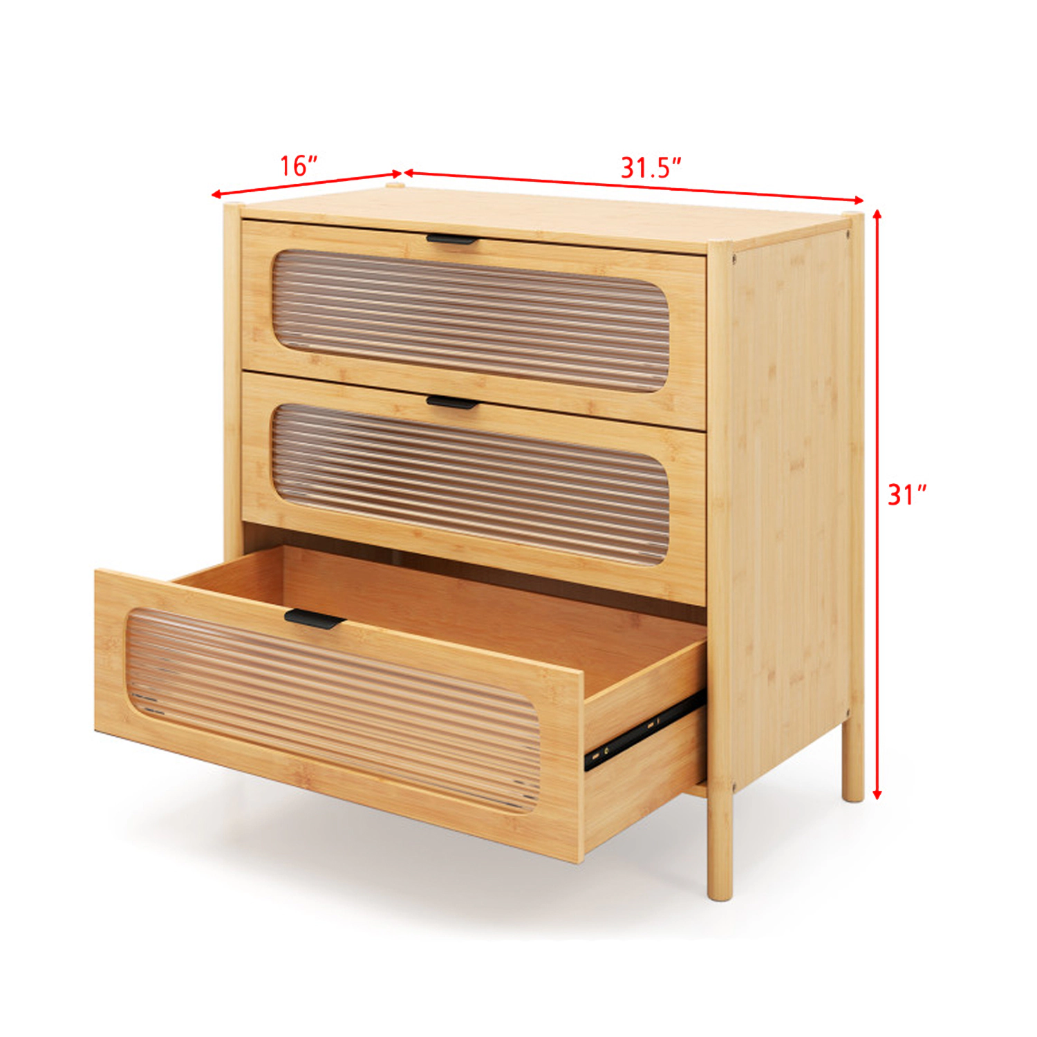 Hivvago Retro-Inspired 3-Drawer Dresser with Grooved Tempered Glass Front