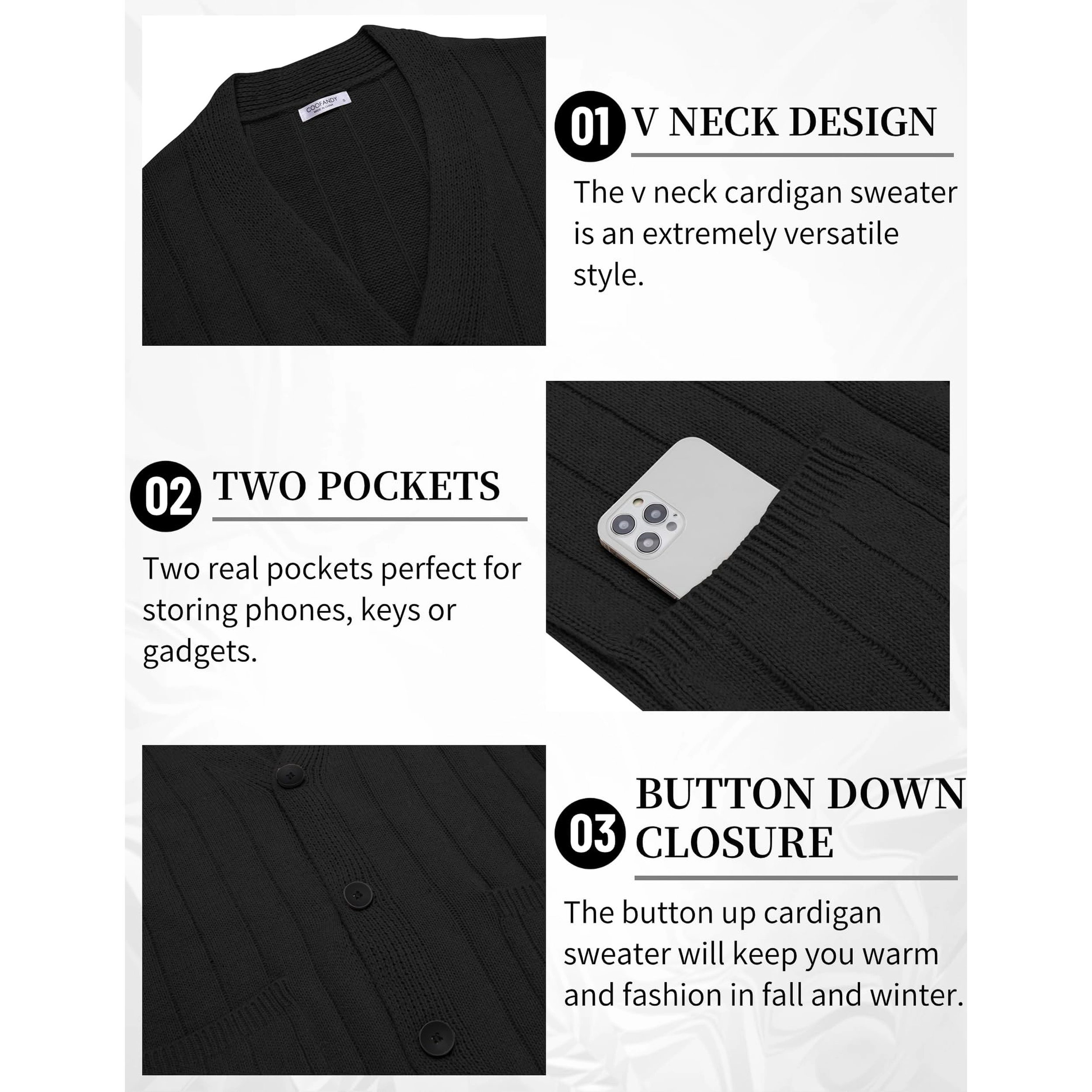COOFANDY Men's Regular Fit V Neck Long Sleeve Button Down Cardigan Sweater