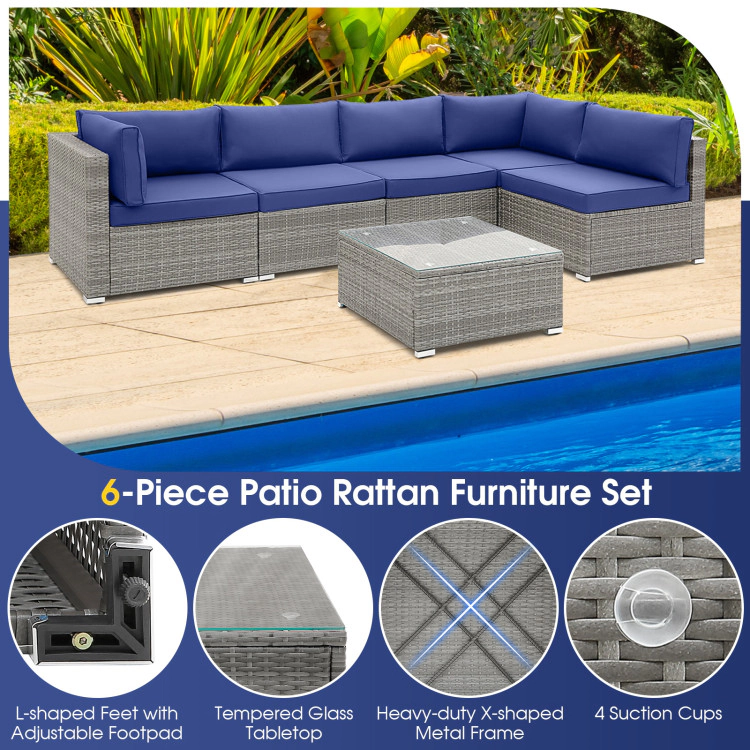 Hivvago 6 Piece Patio Conversation Sofa Set With Tempered Glass Coffee Table