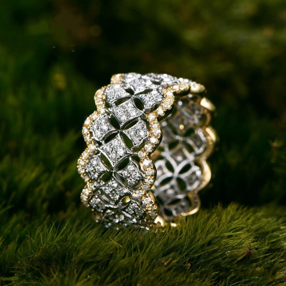 Wardrobe Whimsy Two‑Tone Gold Silver Clover Cubic Zirconia Wide Band Statement Ring