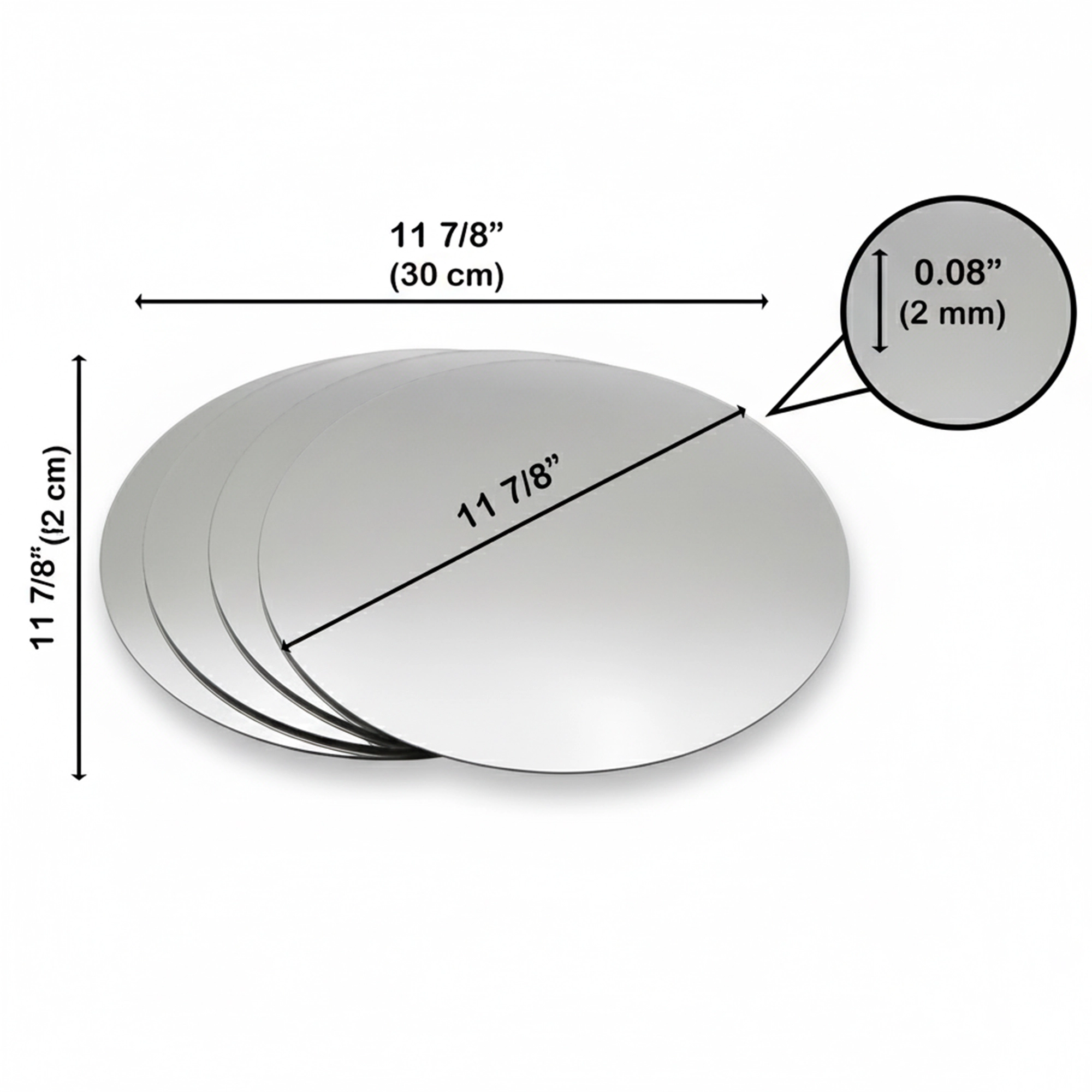 Evideco French Home Goods Set of 4 Frameless 11.11" Round Glass Mirrors, Self-Adhesive, Silver Finish