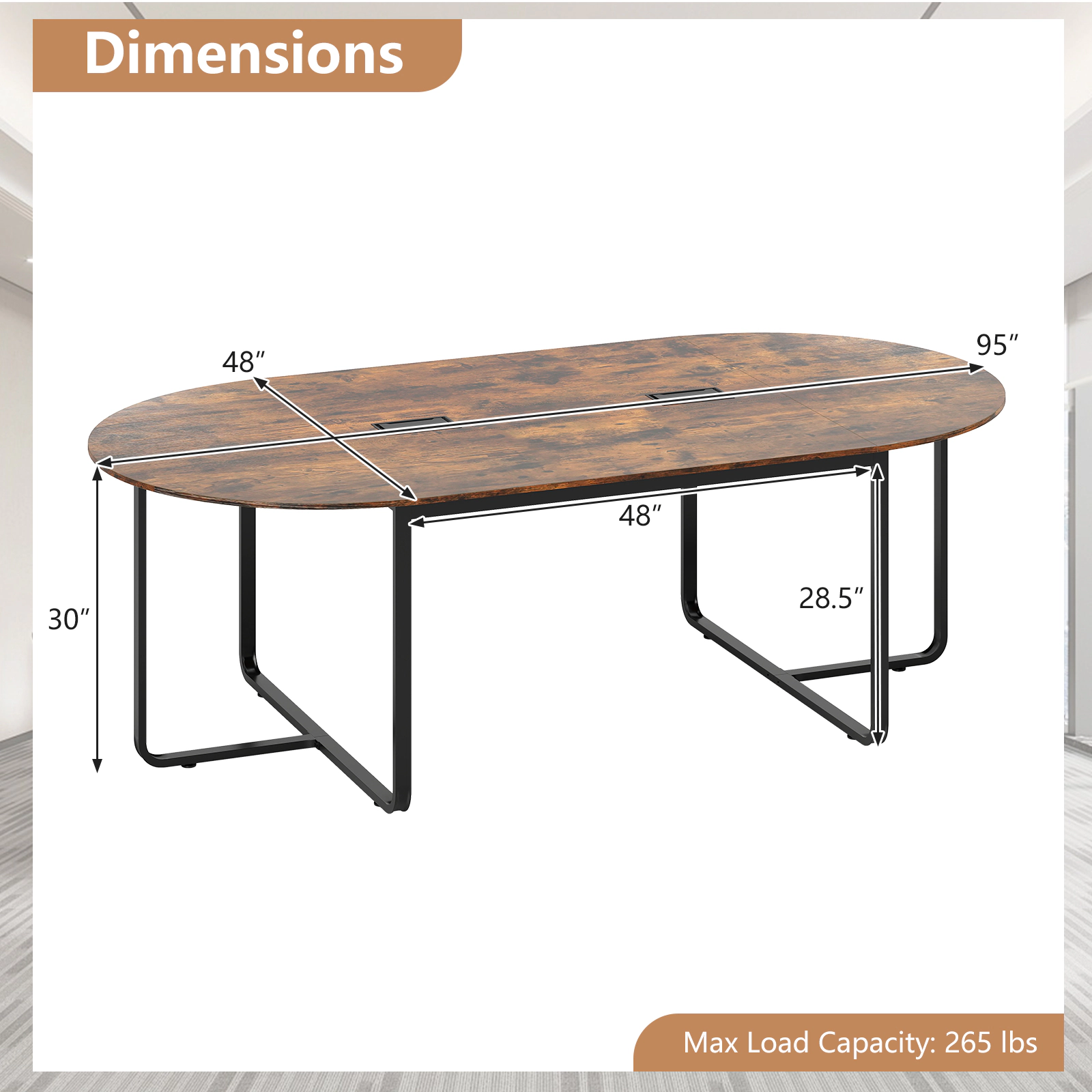 SUGIFT 95-in Oval Conference Executive Desk Table with Dual Cable Holes 265-lb Capacity Rustic Brown & Black 1-Piece