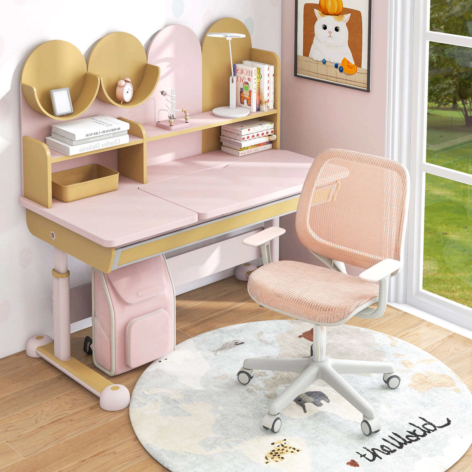 SUGIFT Pink Kids Desk Chair, Adjustable Mesh Study Chair with Swivel and Sit-Brake Casters