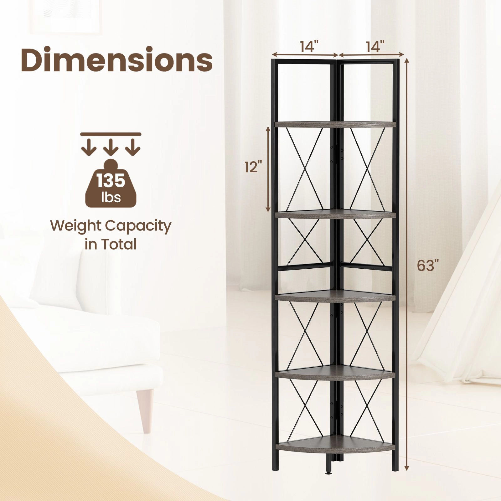 SlickBlue 5 Tier Corner Bookshelf with Metal Frame Storage