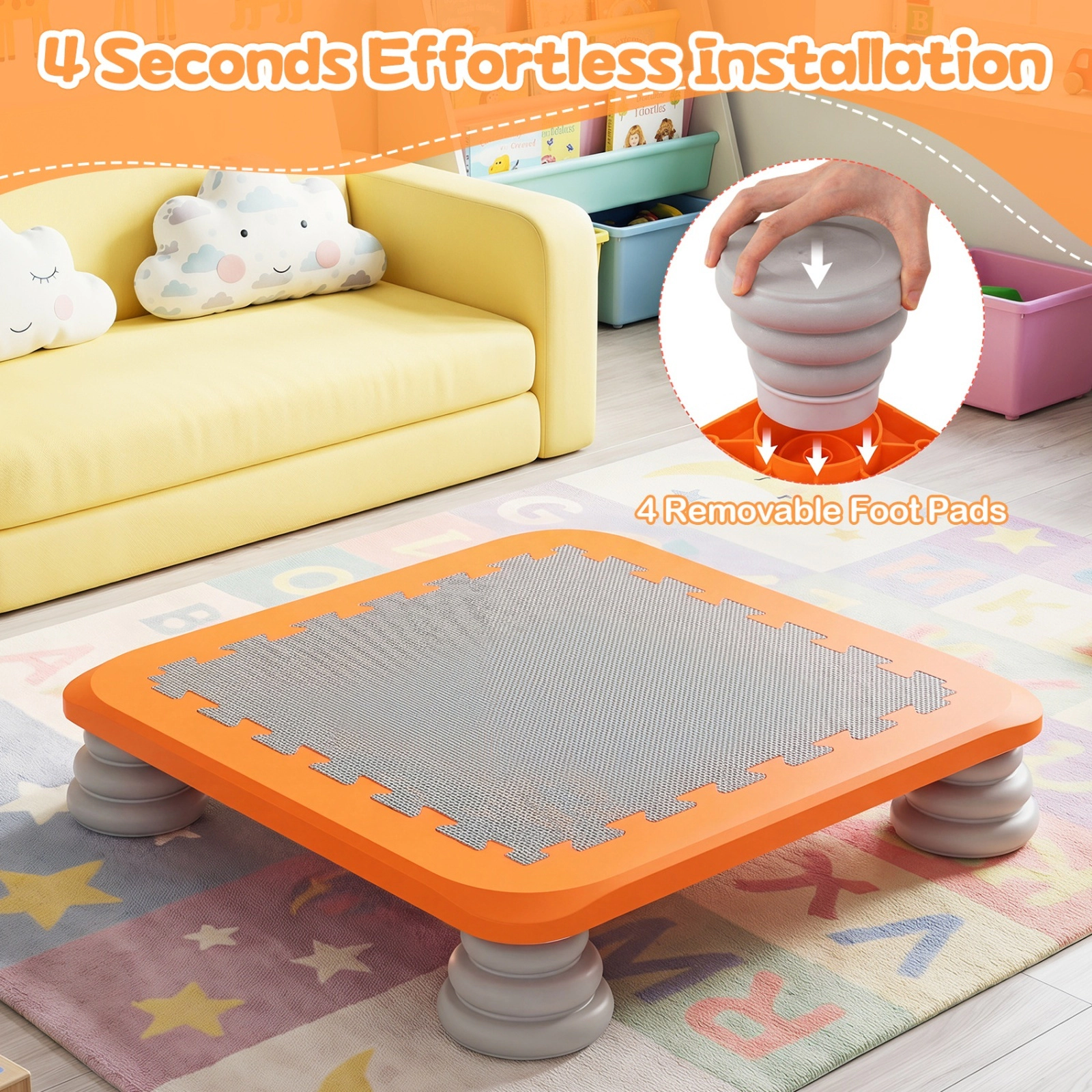 25.5-in Kids Mini Trampoline 4 Removable Non-Slip Foot Pads 5-in Low Profile Honeycomb Base EVA Surface Orange