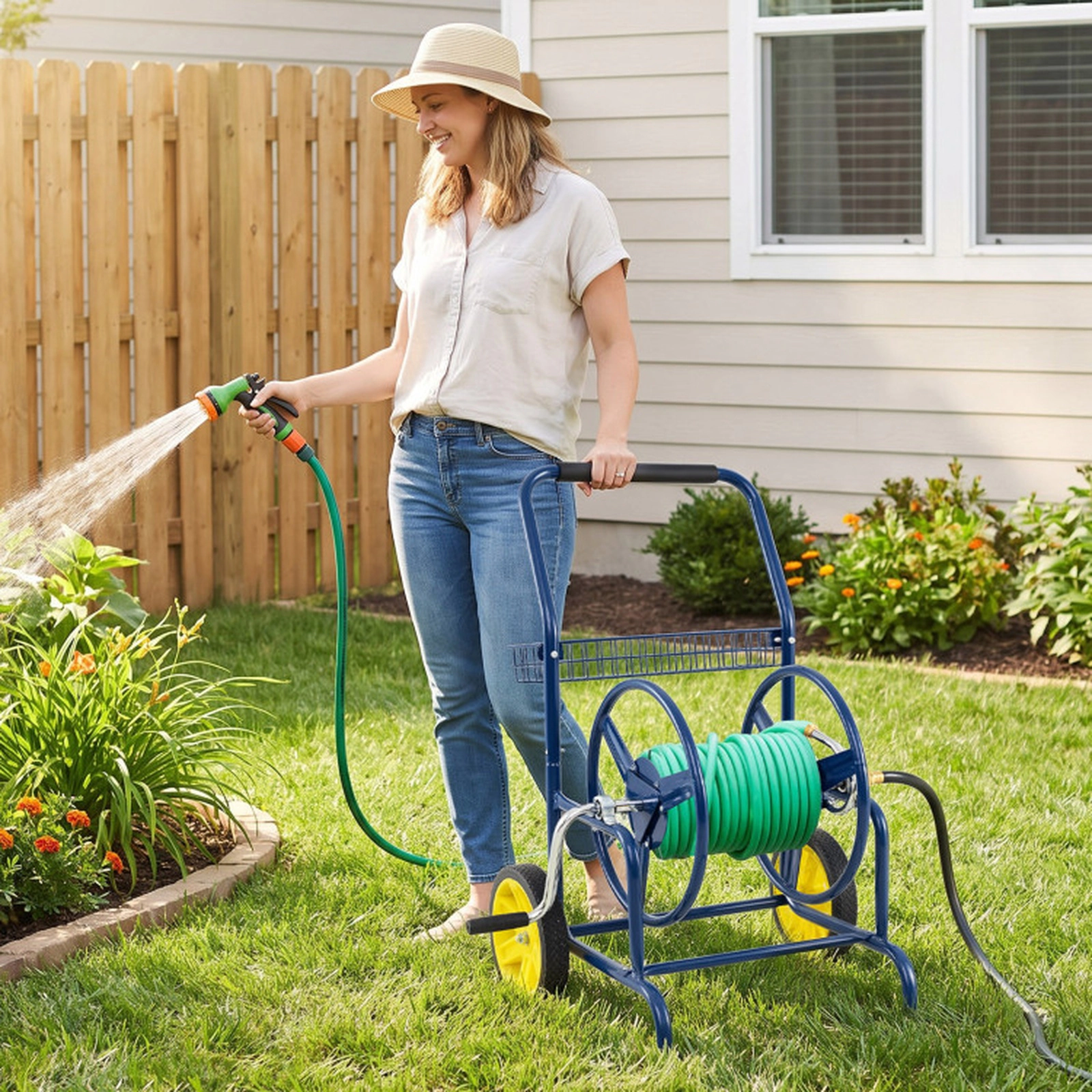 SUGIFT Metal Garden Hose Reel Cart with 2 Wheels and Storage Basket 230-ft Capacity Silver/Blue/Green