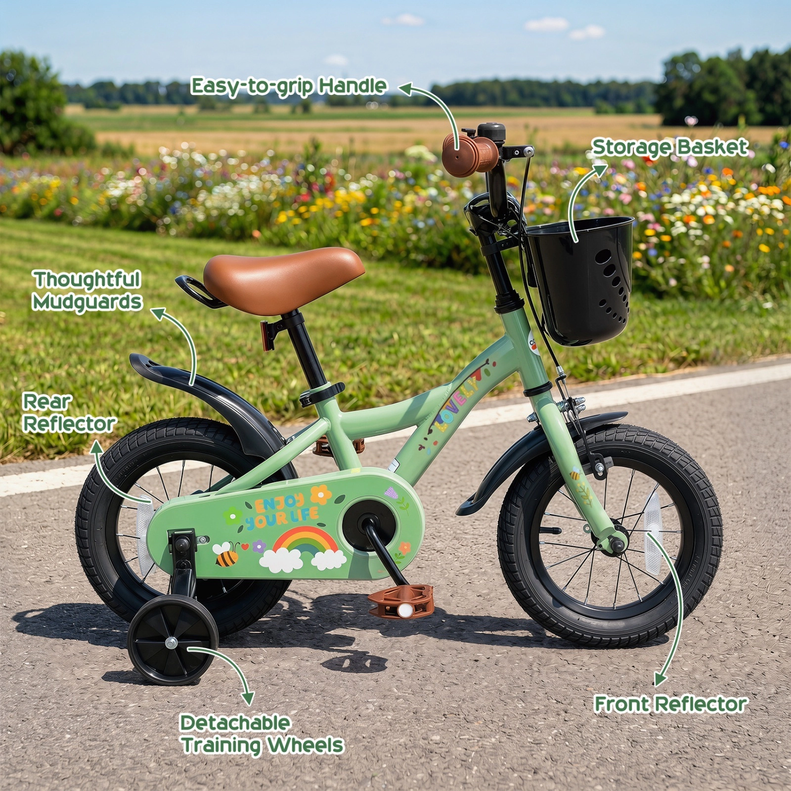 14-in Girls Bike with Front Basket Carry Handle and Removable Training Wheels for Ages 3-5 Mudguards and Bell Bicycle