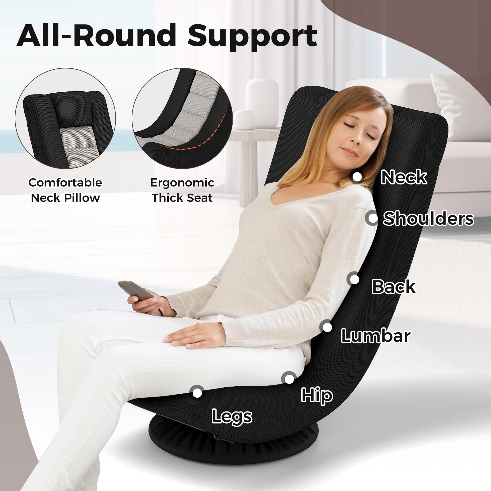 SUGIFT 4-Position Adjustable Swivel Gaming Floor Chair with Foldable Backrest 310-lb Capacity Black and Gray
