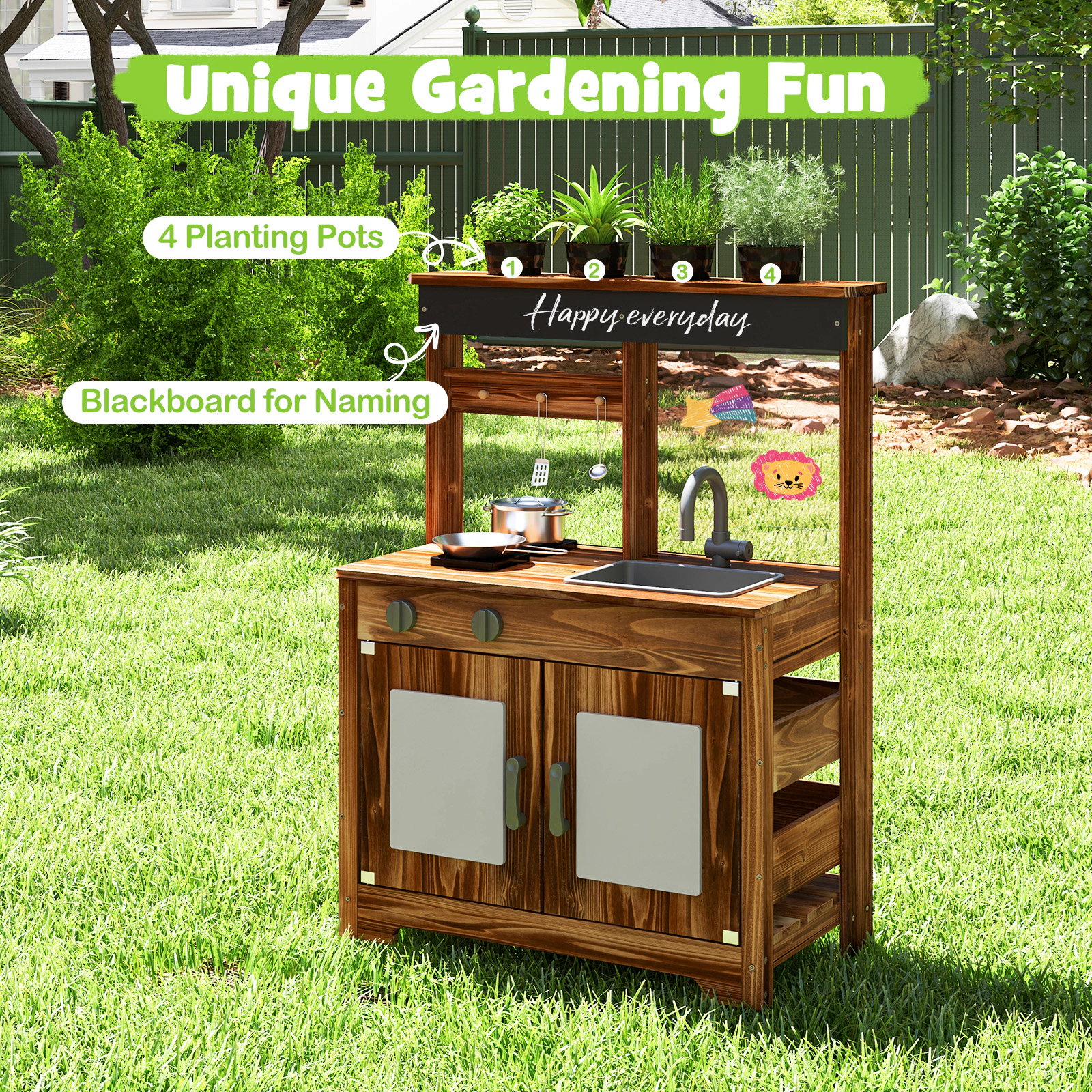 Fir Wood Mud Kitchen 4 Planting Pots DIY Acrylic Board Chalkboard Removable Sink 27-in Outdoor Kitchen Ages 3+ Natural