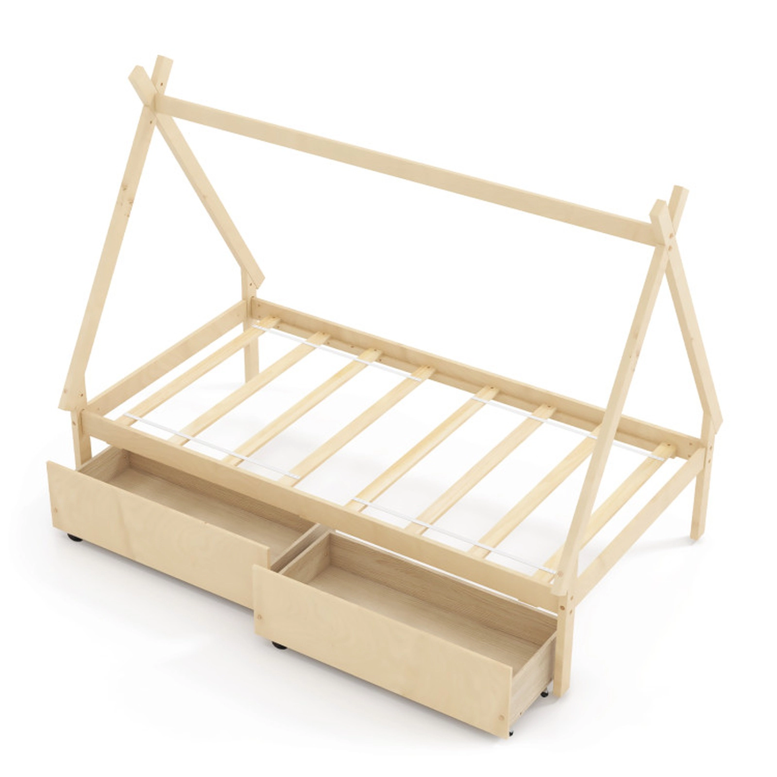 SUGIFT House-Shaped Twin Platform Bed Frame 200-lb Capacity Natural with 2 Drawers