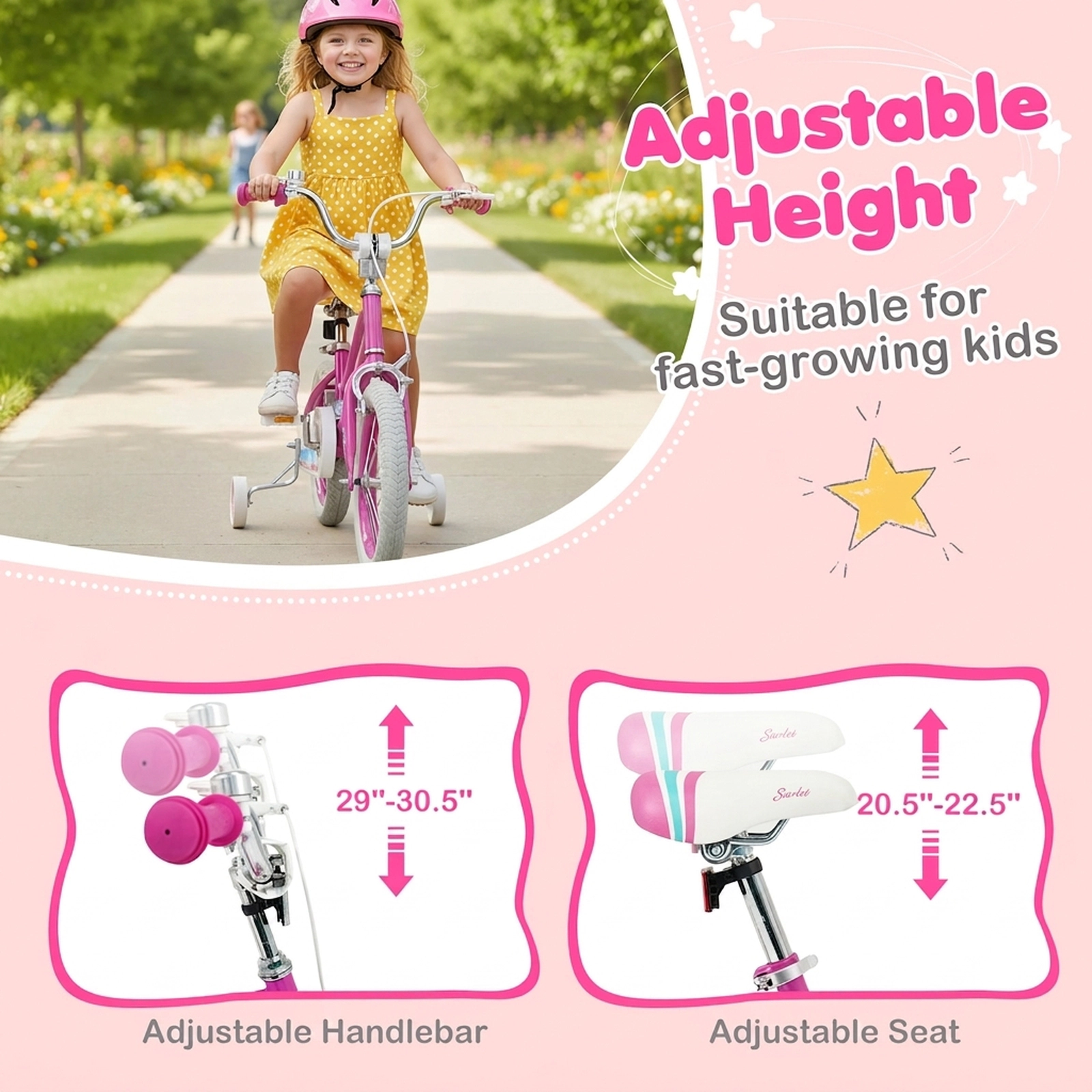 SUGIFT Adjustable Handlebar 14-Inch Kids Bicycle 110-lb Seat Capacity Ages 3-5 Pink Starlight Wave