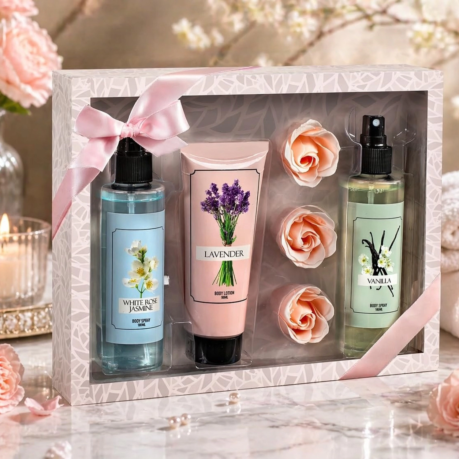 Freida and Joe  Women White Rose Jasmine Lavender Set – Elegant Mother's Day Spa Set