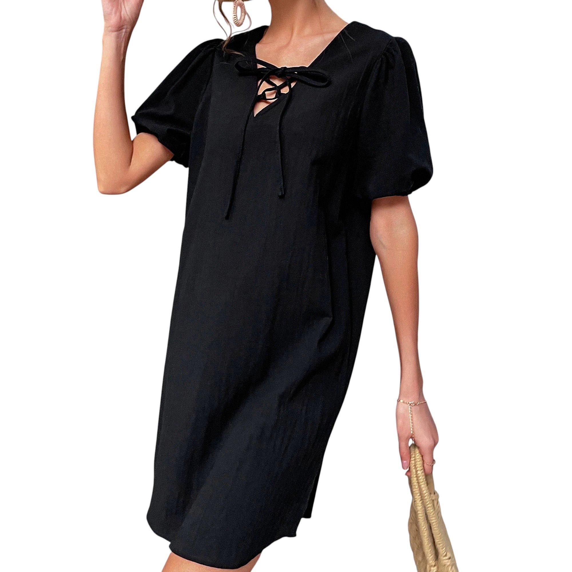 Anna-Kaci Women's Puff Sleeve Mini Dress with Lace-Up Neckline and Relaxed Woven Fit