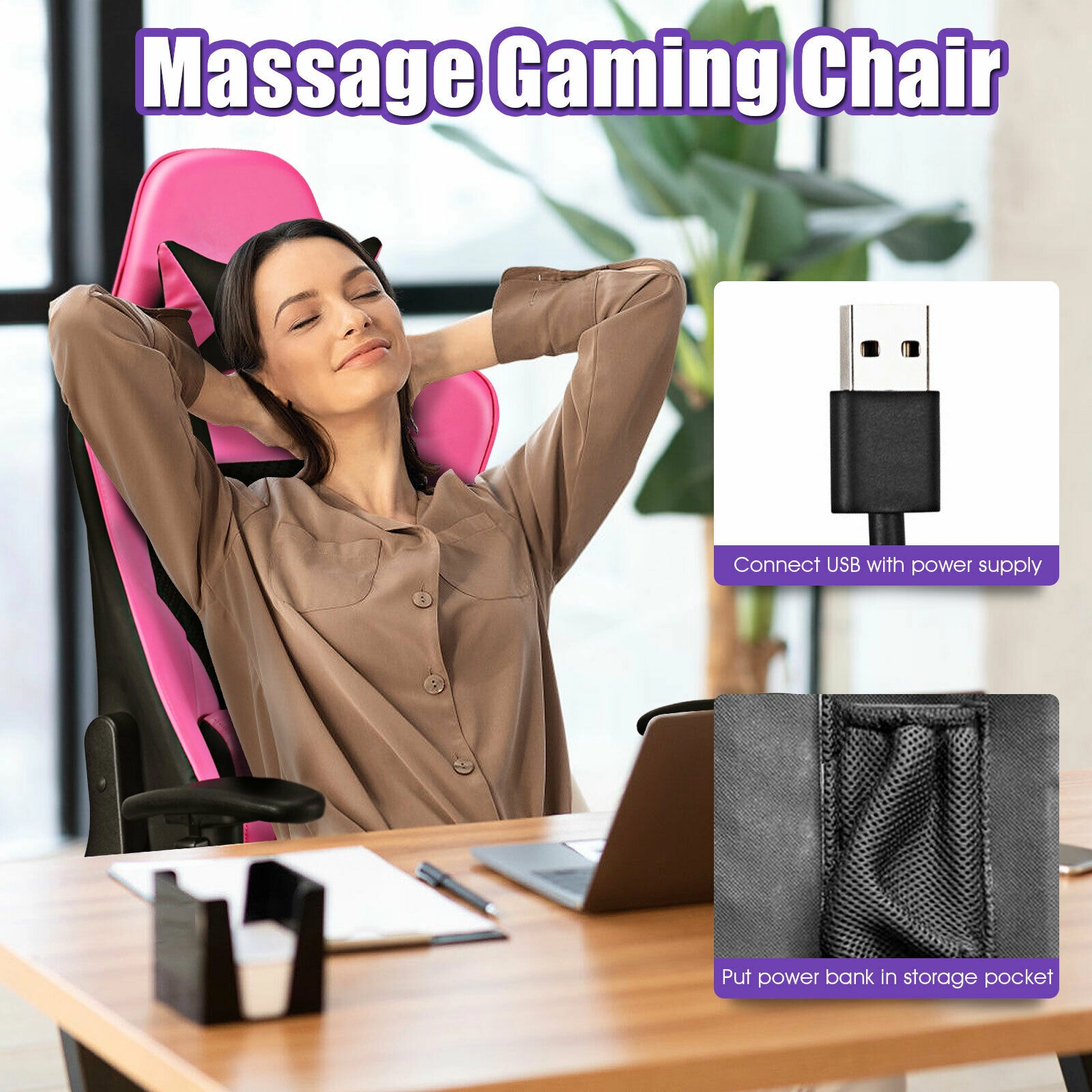 SUGIFT Pink USB Massage Lumbar Pillow and Retractable Footrest PU Leather Gaming Chair