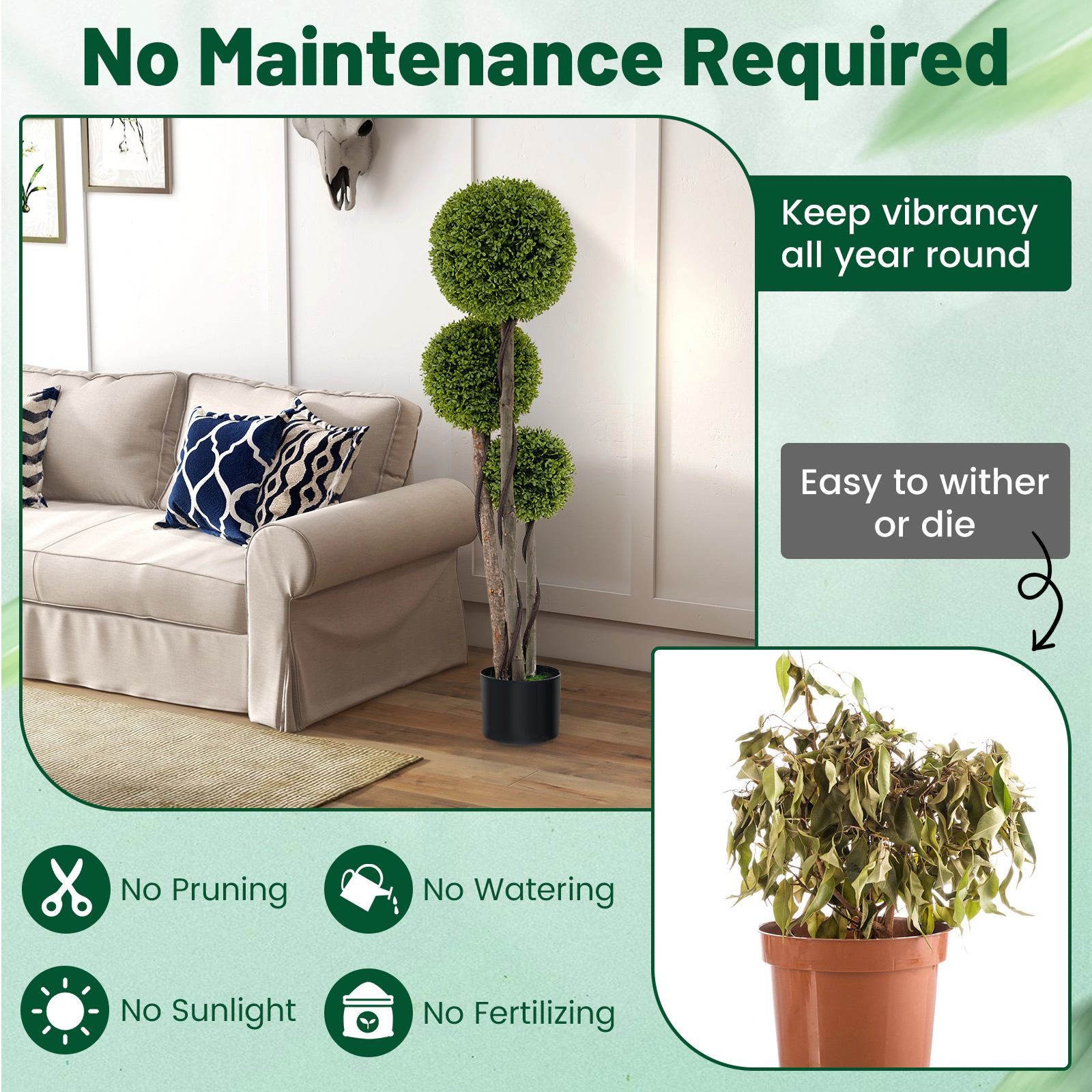 SUGIFT 47-in Artificial Boxwood Triple Ball Topiary Tree with Eucalyptus Wood Trunks and Weighted Pot