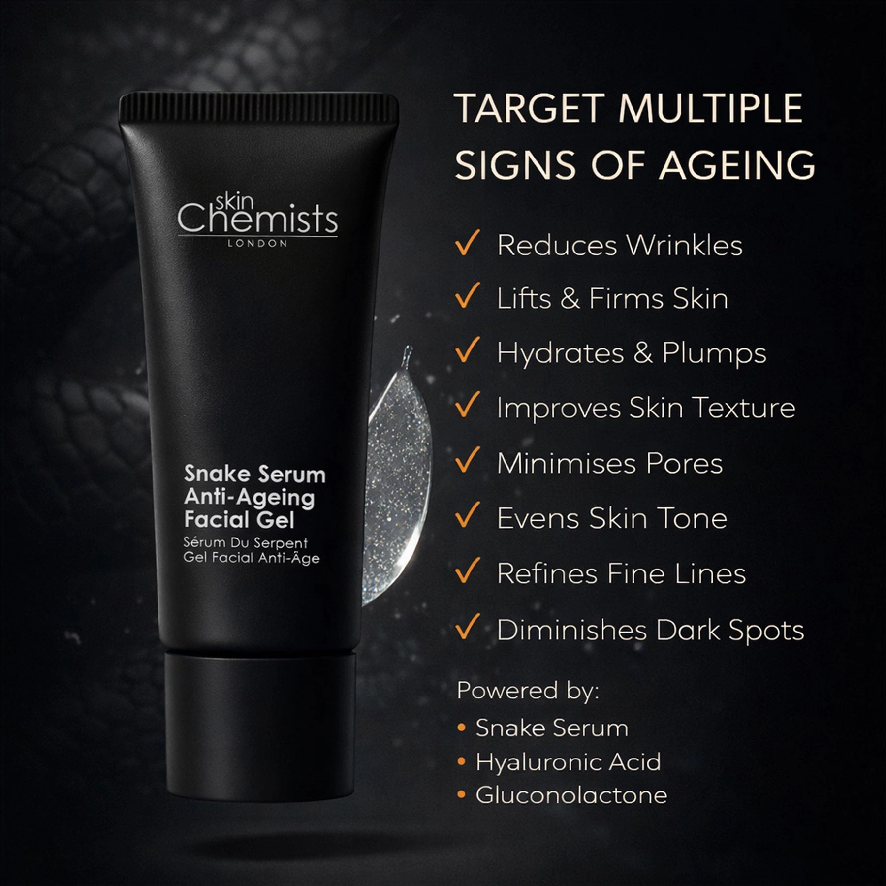 skinChemists Snake Serum Anti-Ageing Facial Gel 30ml - Firms, Smooths Fine Lines & Wrinkles
