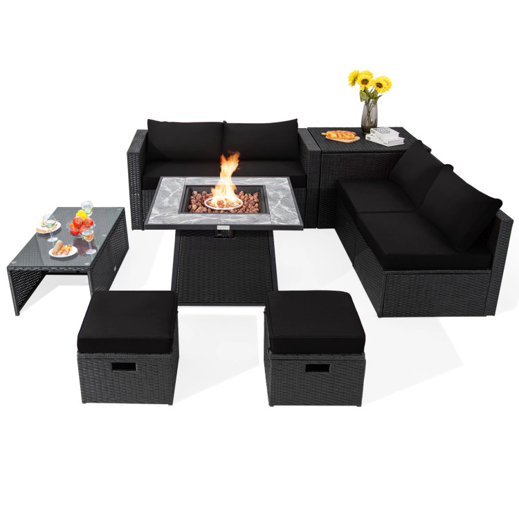 Hivvago 9 Pieces Outdoor Wicker Sectional With 35 Inch Gas Fire Pit Table