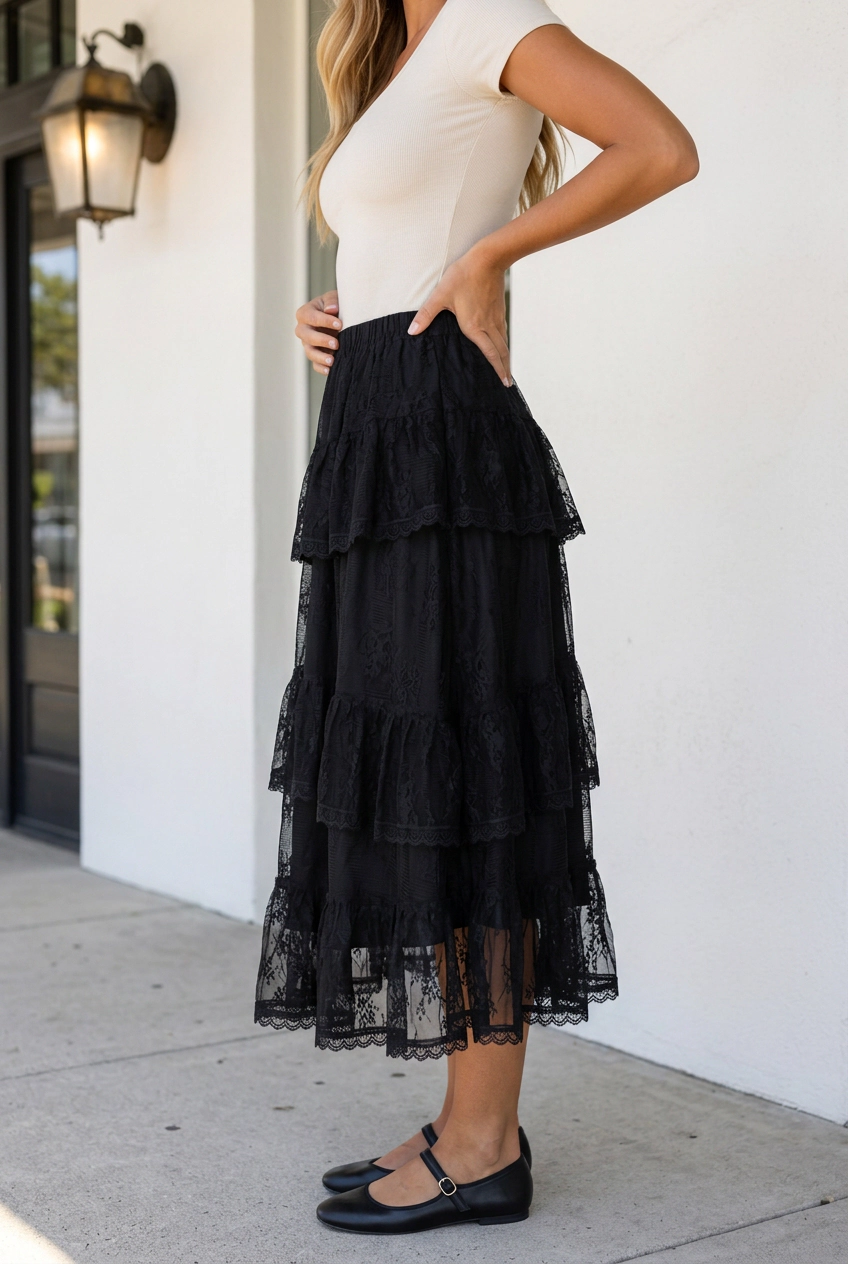 Threaded Pear Women's Layla Ruffle Lace Tiered Skirt