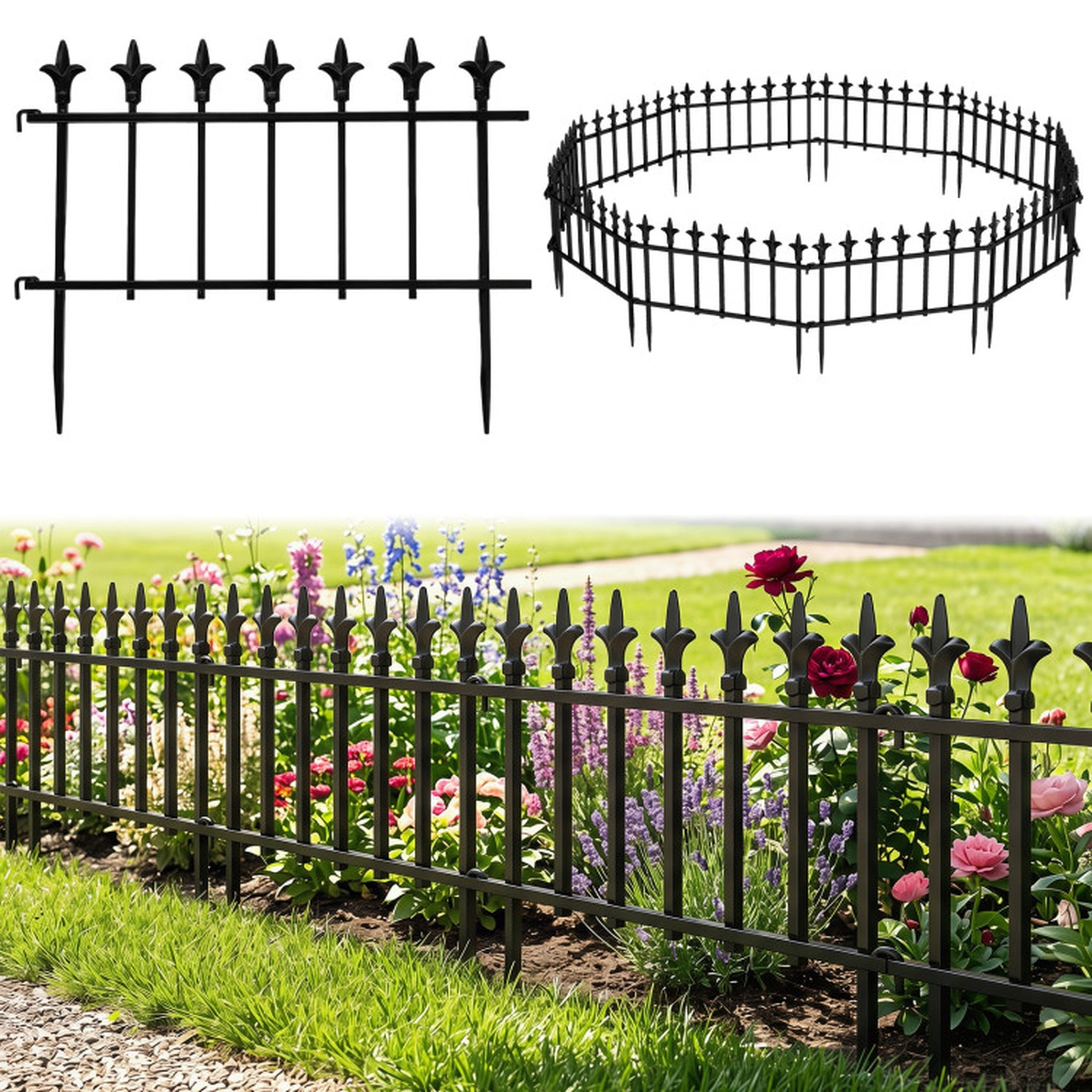 SUGIFT 10-Pack Black Metal No Dig Garden Border Fence with Decorative Finials 22-in W 17-in H 18-ft Total