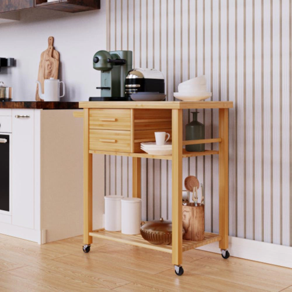 Hivvago Bamboo Kitchen Trolley Cart with Tower Rack and Drawers
